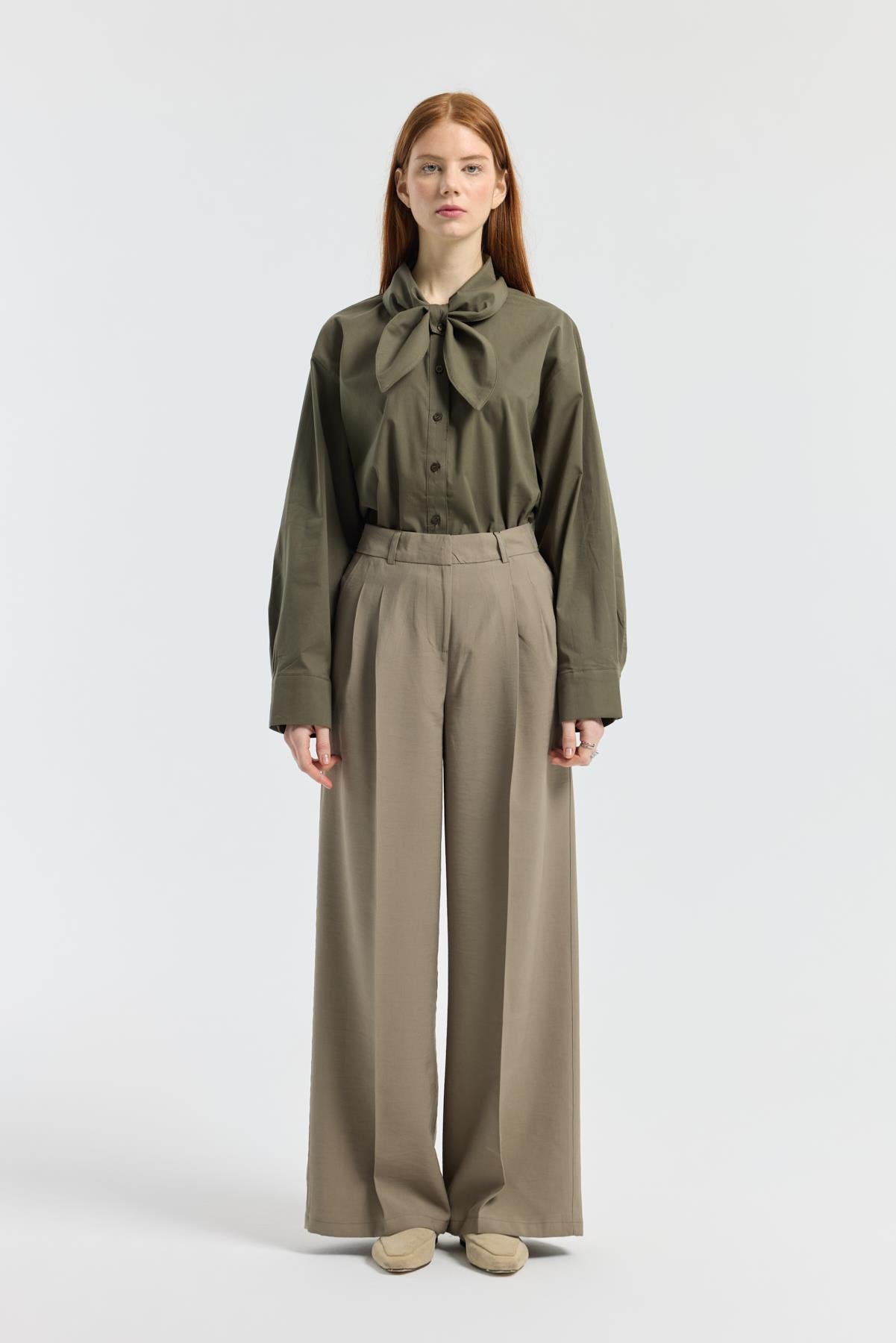 Orchid Düğme Detaylı Pileli Palazzo Pantolon - Haki