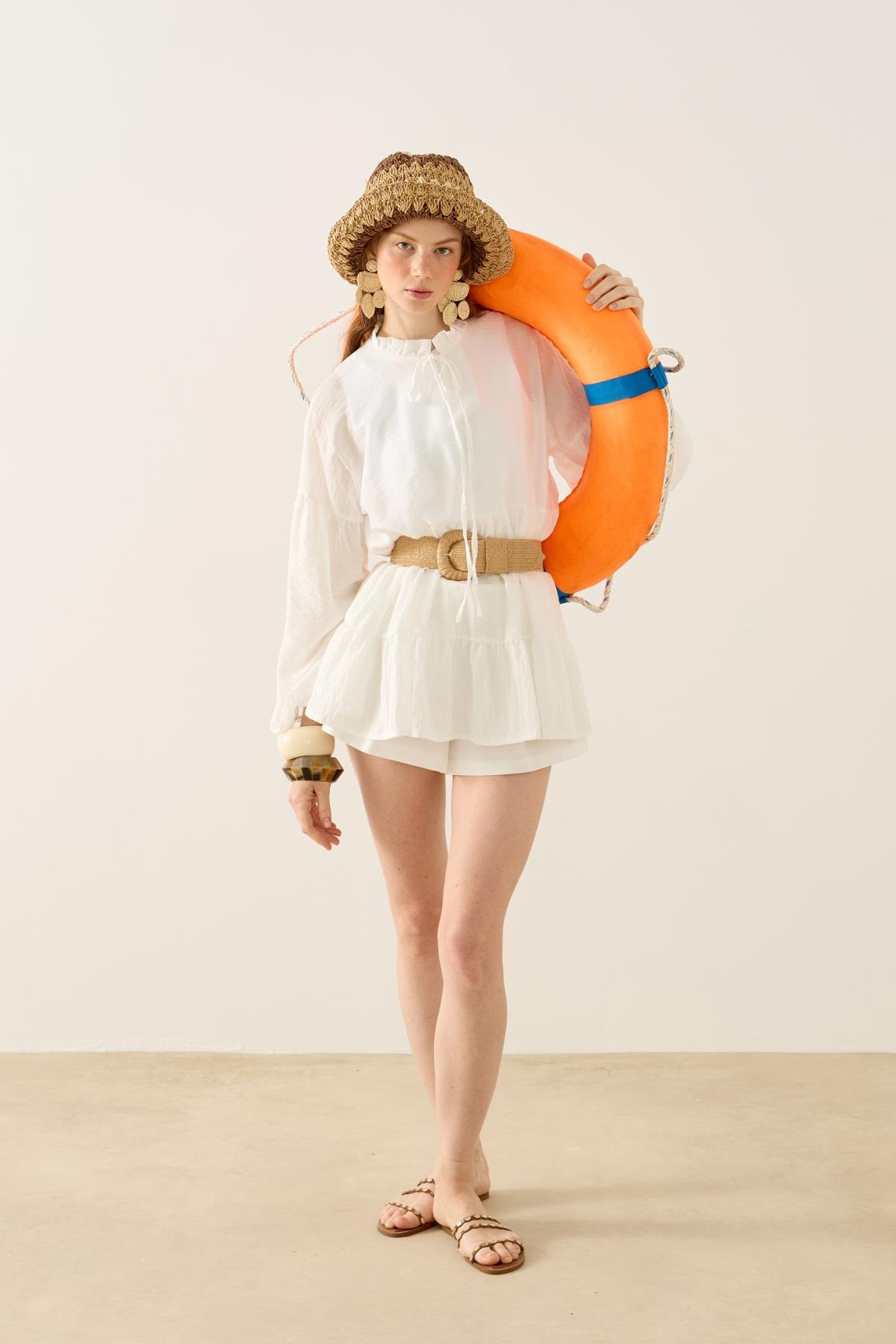 Paola Robalı Büzgülü Tunik - Beyaz