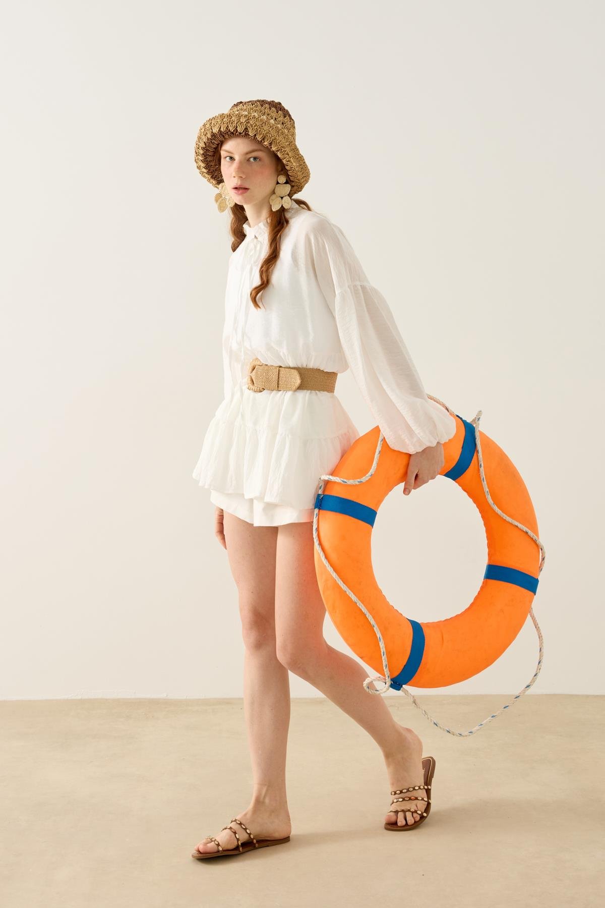 Paola Robalı Büzgülü Tunik - Beyaz