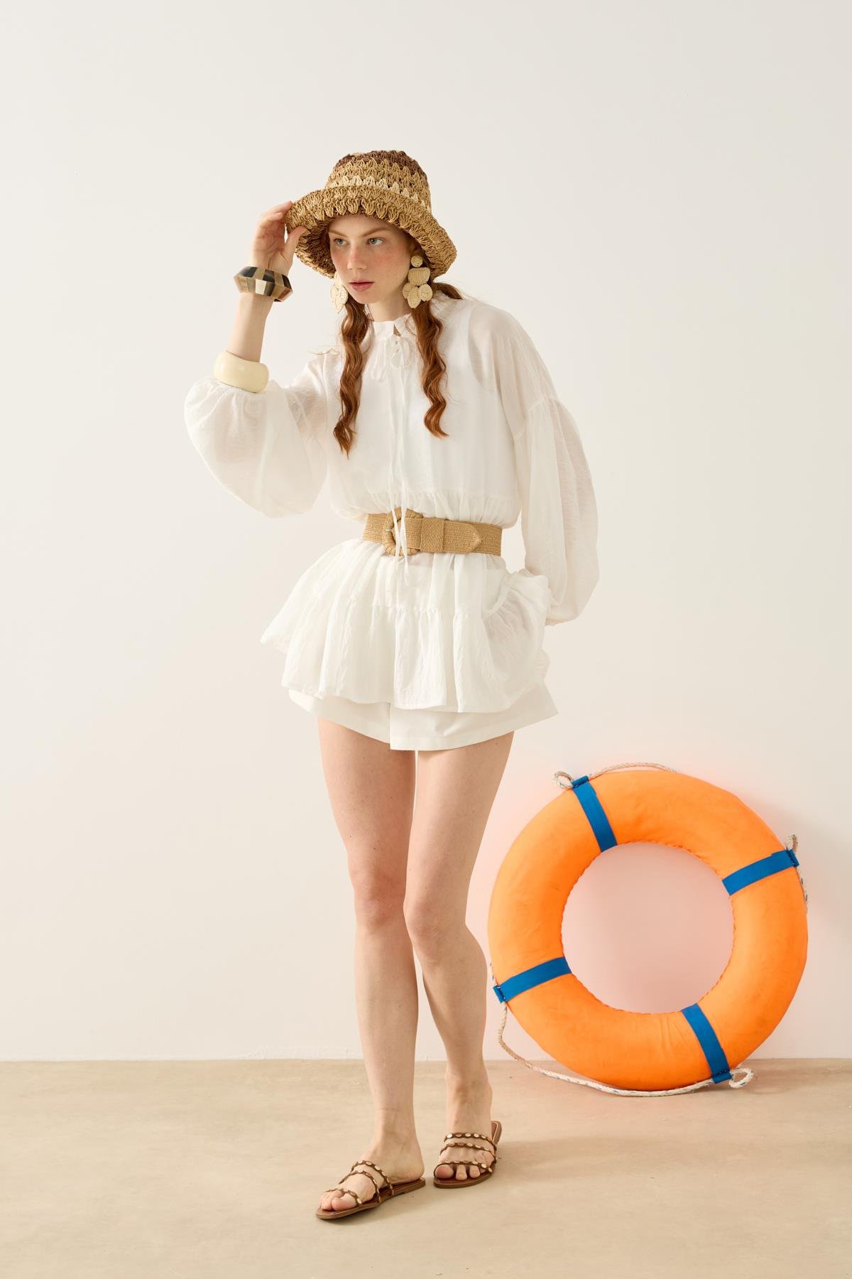 Paola Robalı Büzgülü Tunik - Beyaz