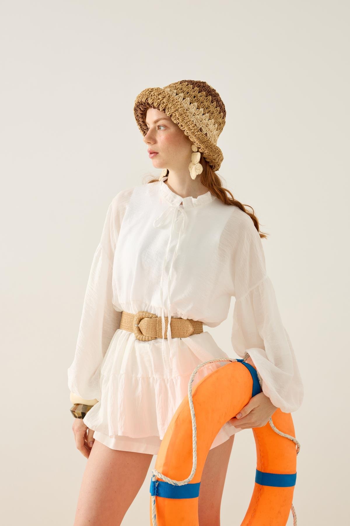 Paola Robalı Büzgülü Tunik - Beyaz