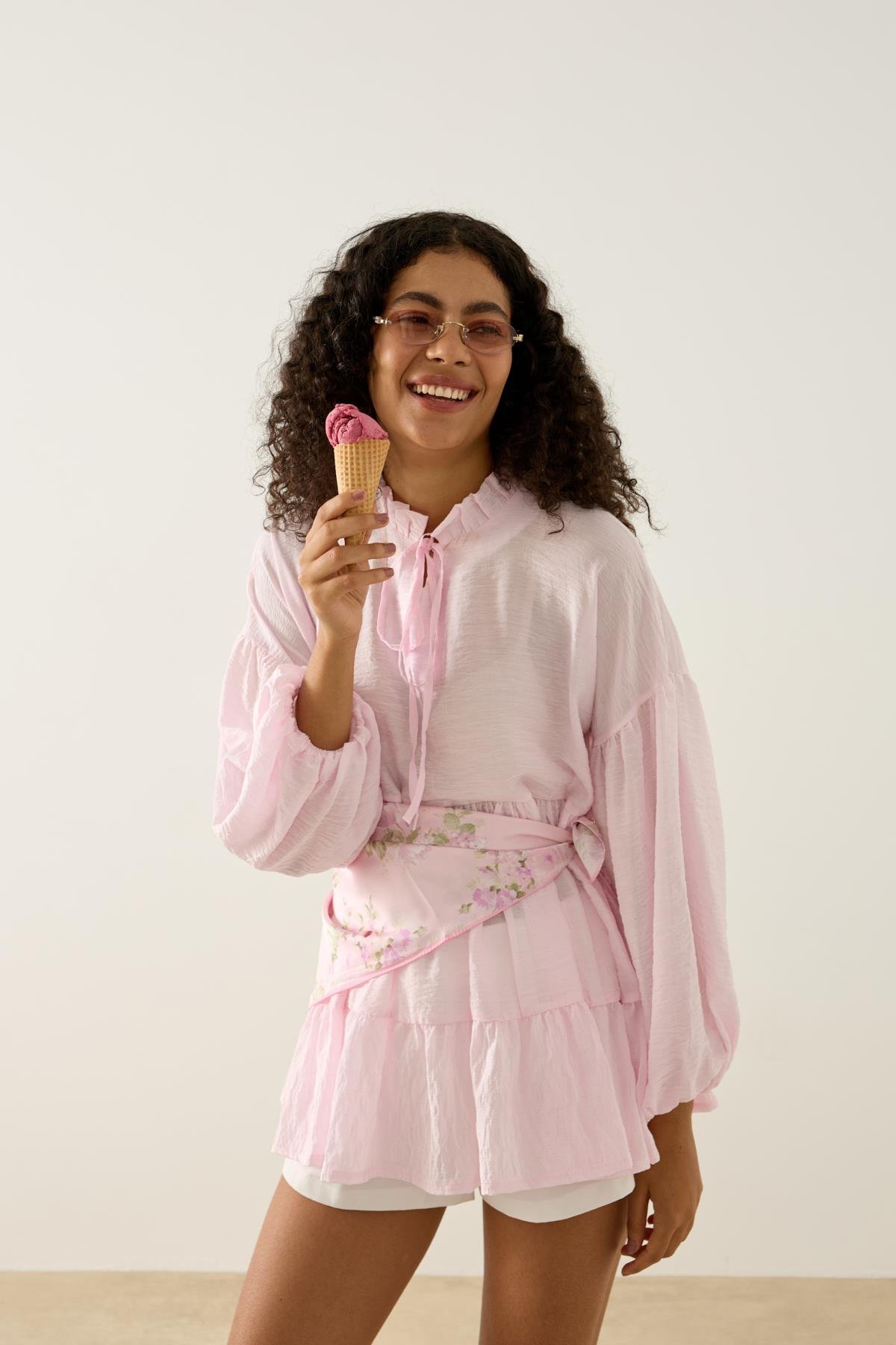 Paola Robalı Büzgülü Tunik - Pembe