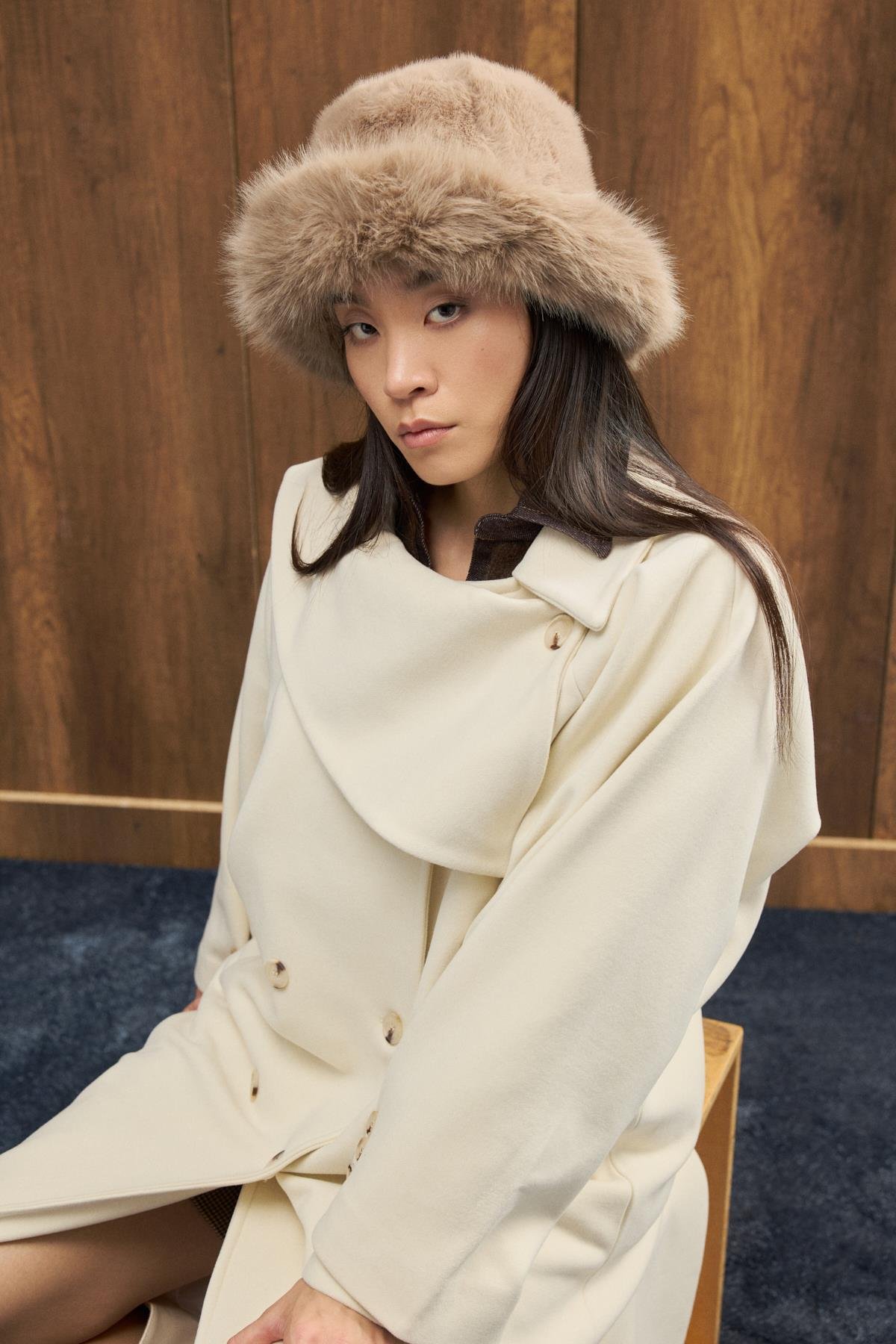 Paradoks Yaka Detaylı Oversize Kaban - Ekru 