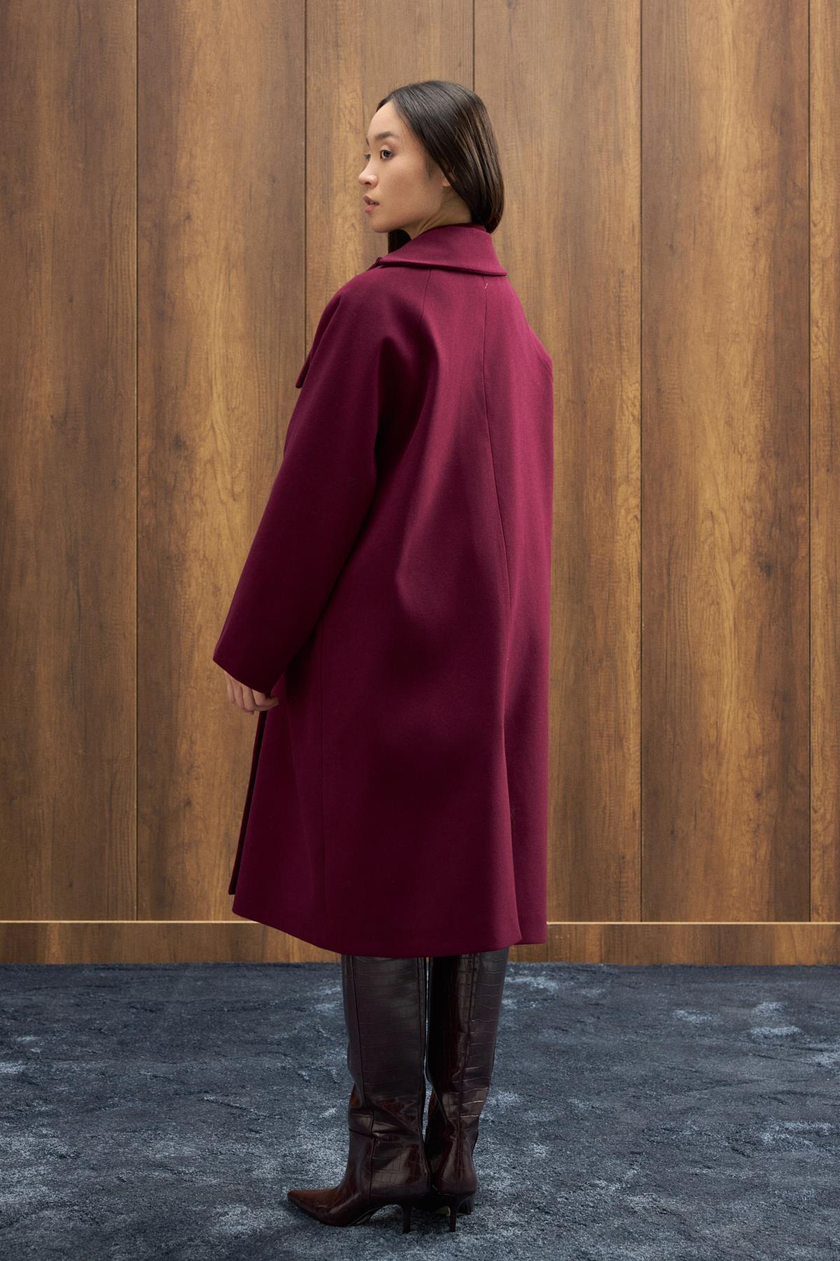 Paradoks Yaka Detaylı Oversize Kaban - Mürdüm