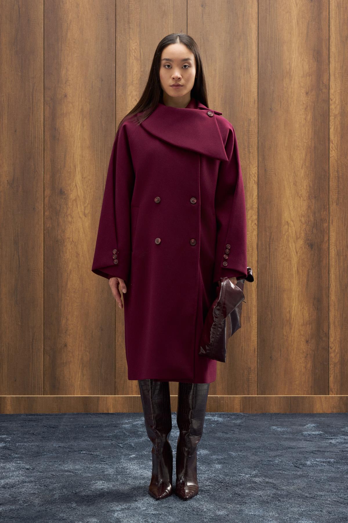 Paradoks Yaka Detaylı Oversize Kaban - Mürdüm