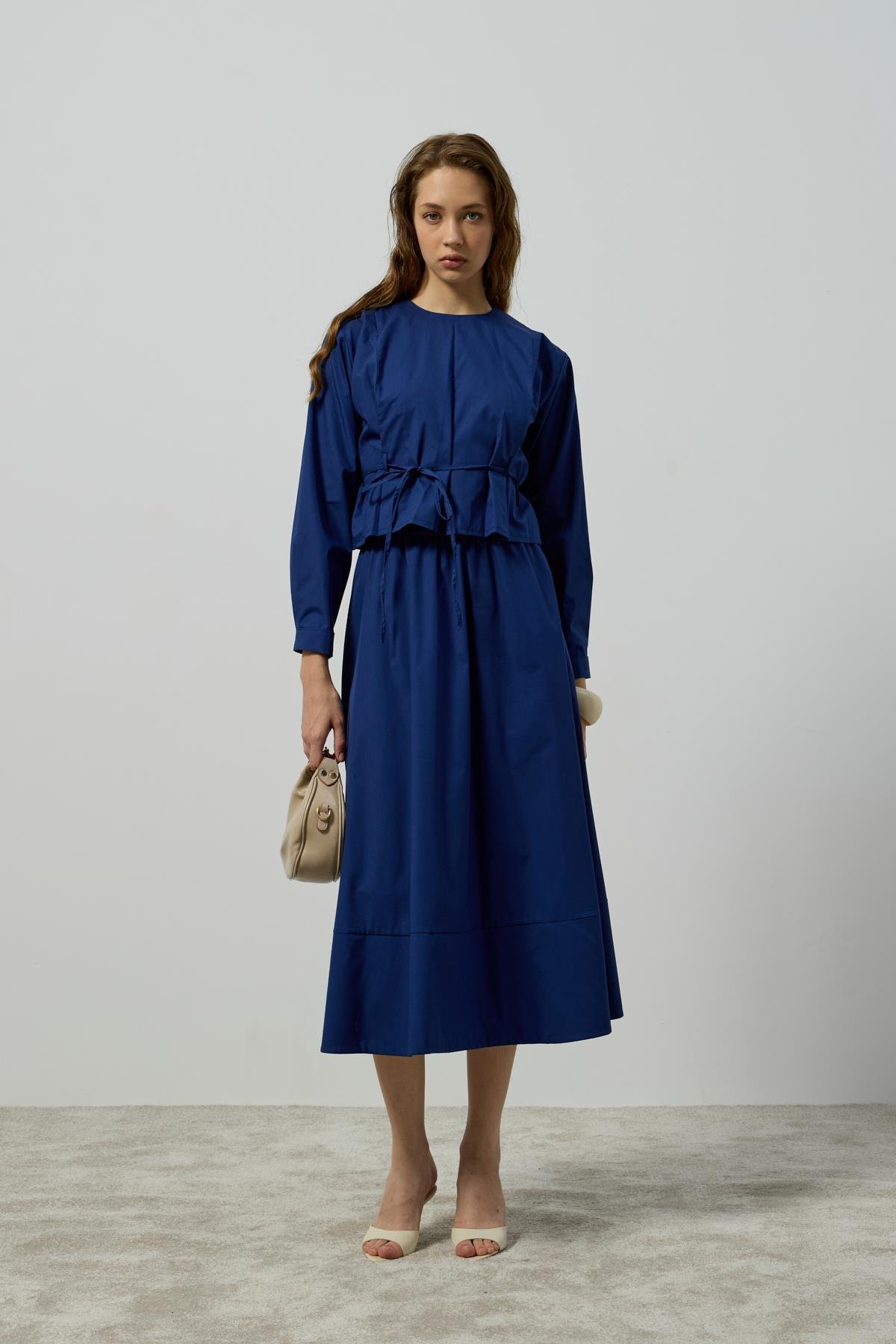 Pearl Drapeli Kemerli Takım - Gece Mavi