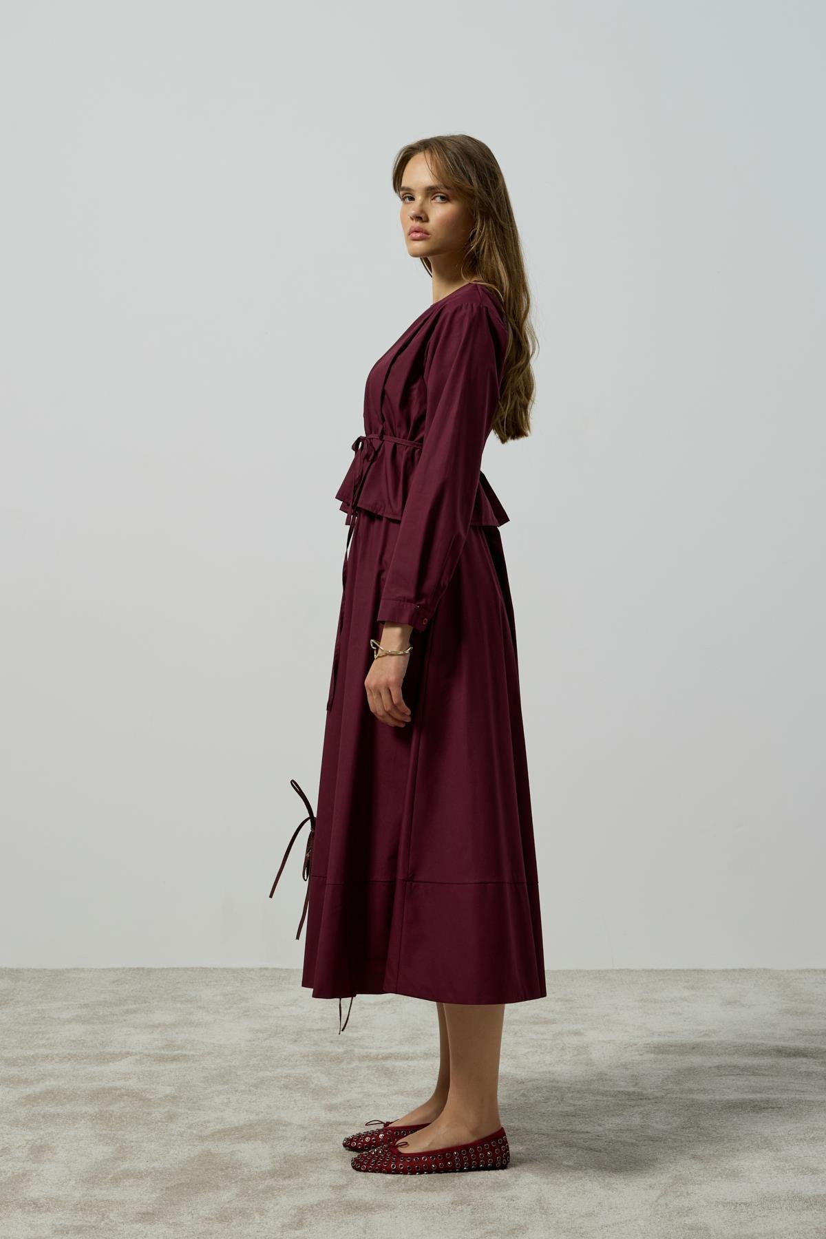 Pearl Drapeli Kemerli Takım - Mürdüm 