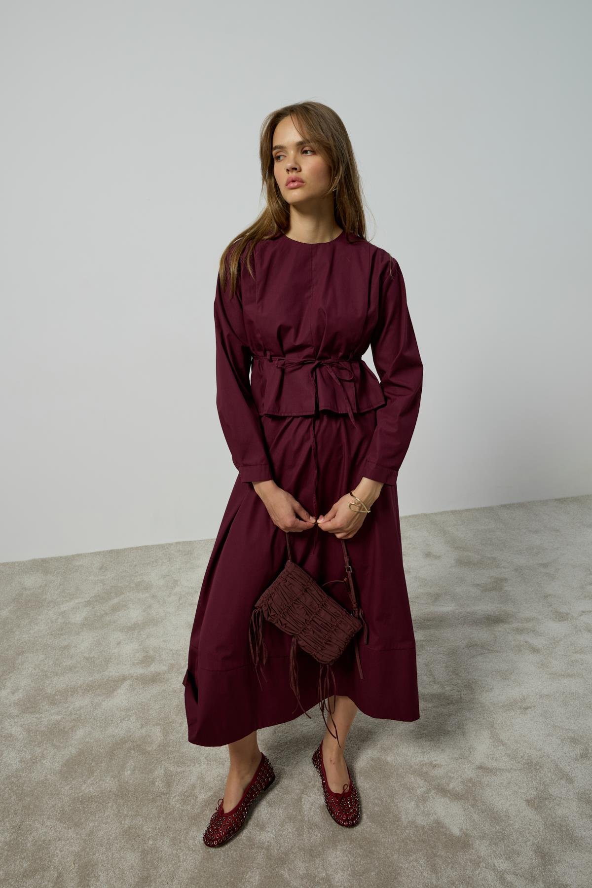 Pearl Drapeli Kemerli Takım - Mürdüm 