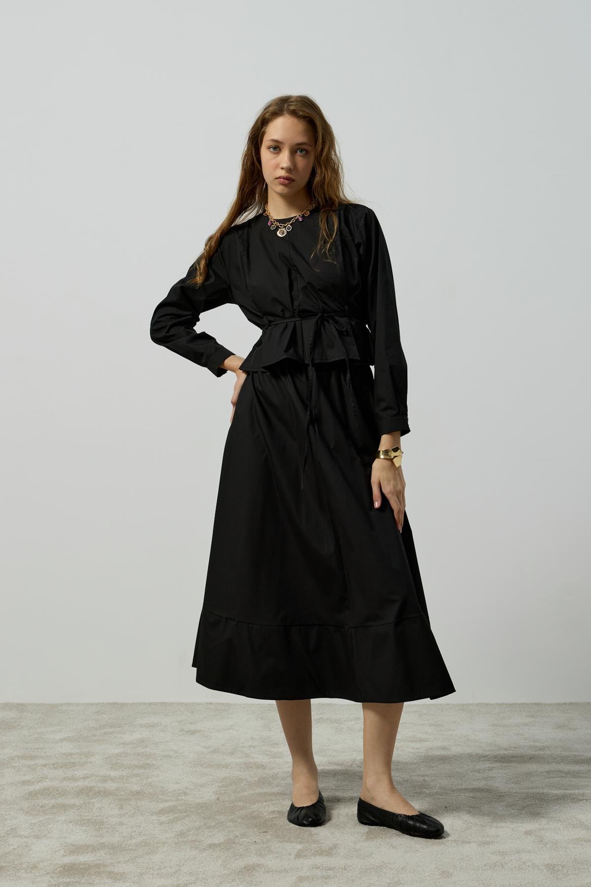 Pearl Drapeli Kemerli Takım - Siyah