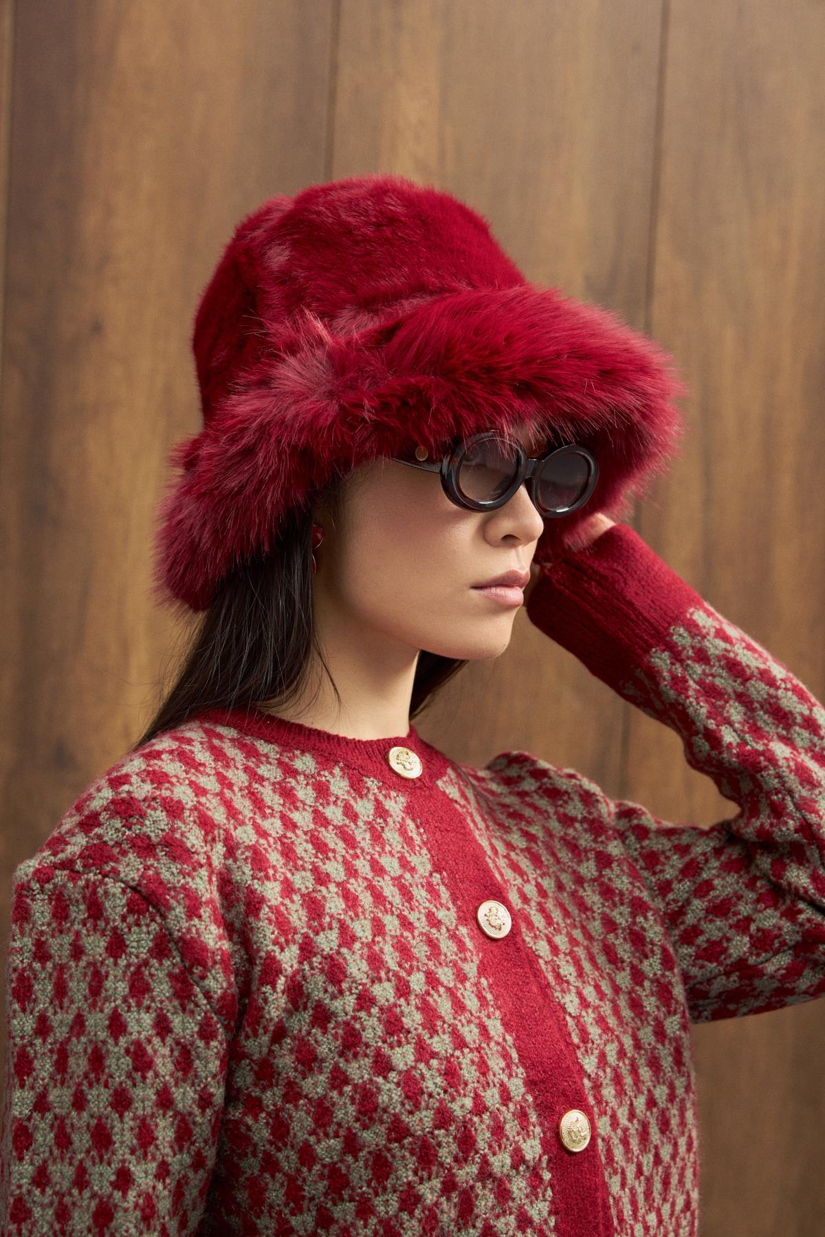 Peluş Bucket Şapka - Kırmızı 