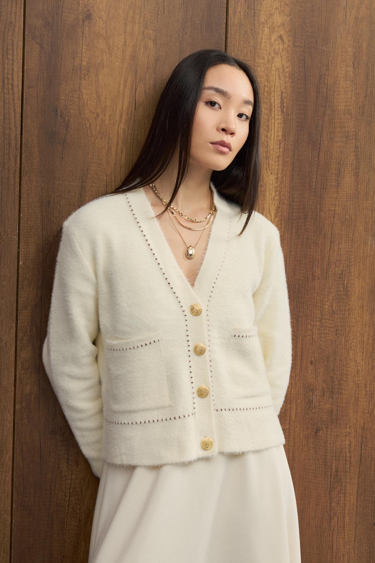 Penny Angora Biye Geçişli Hırka - Ekru 