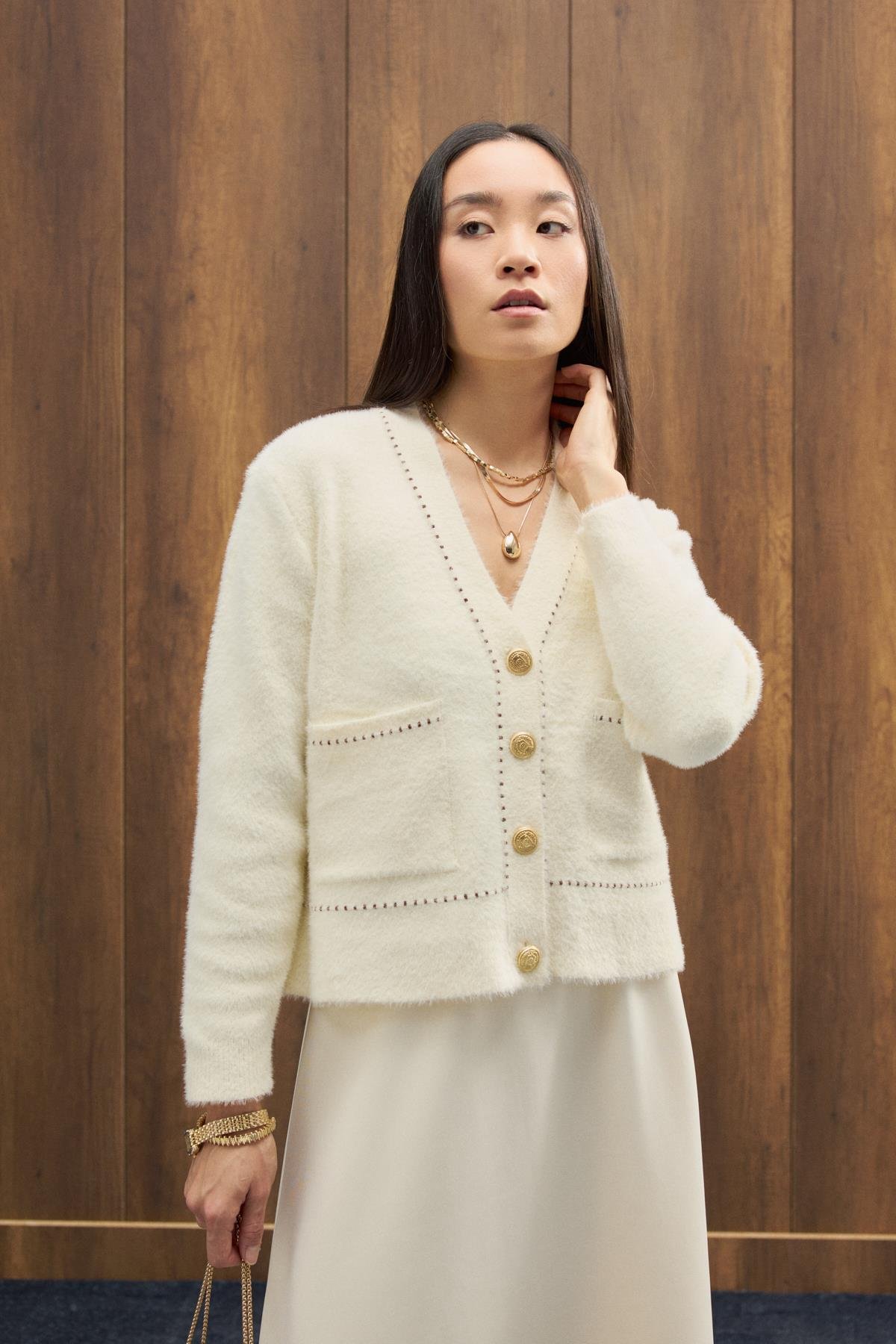 Penny Angora Biye Geçişli Hırka - Ekru 