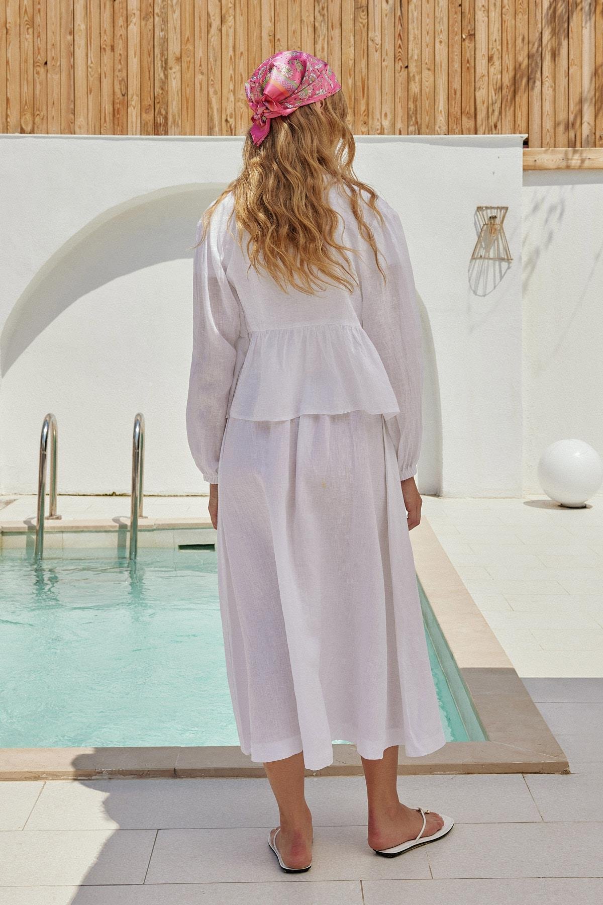 Peony Kloş Linen Etek - Beyaz