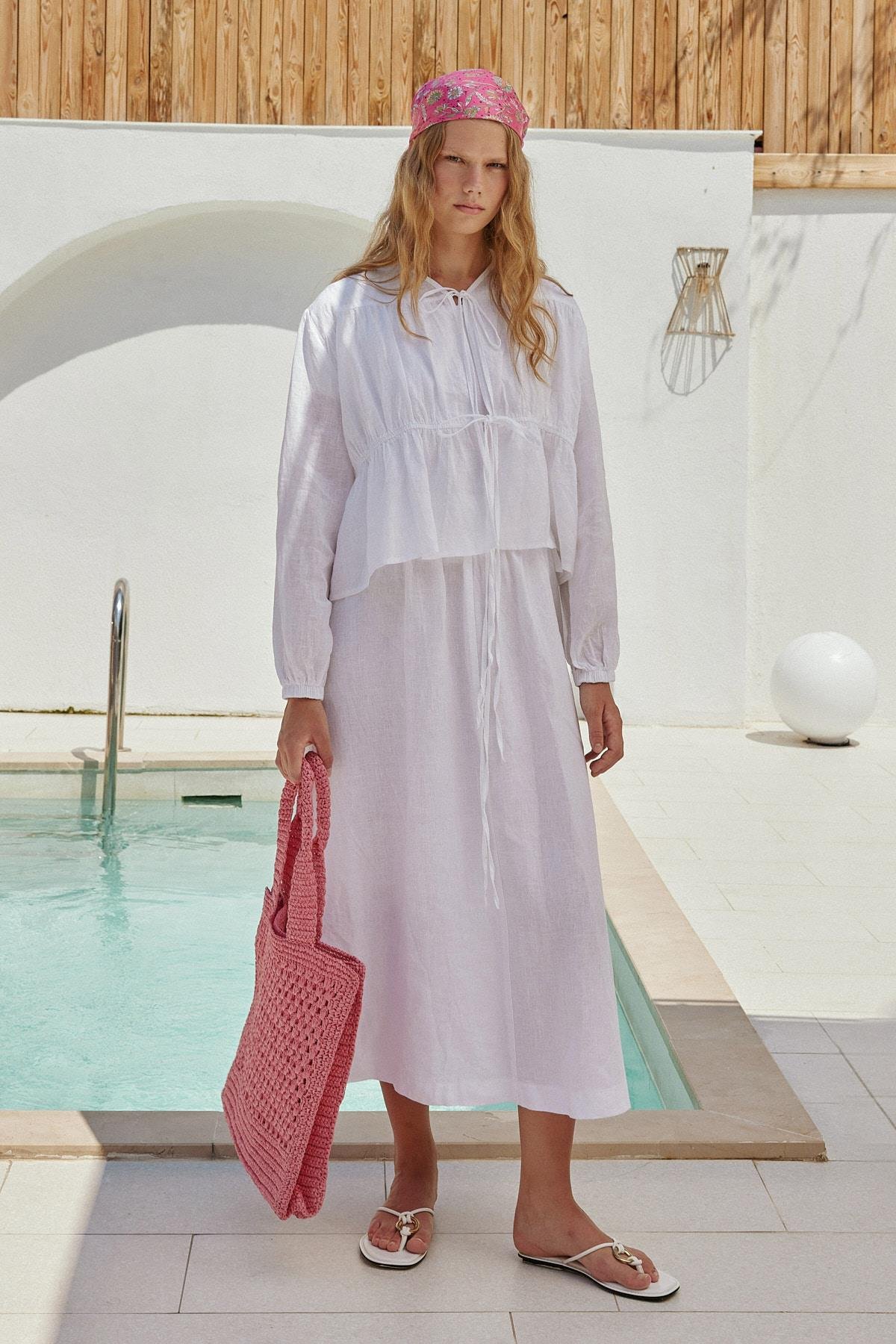 Peony Kloş Linen Etek - Beyaz