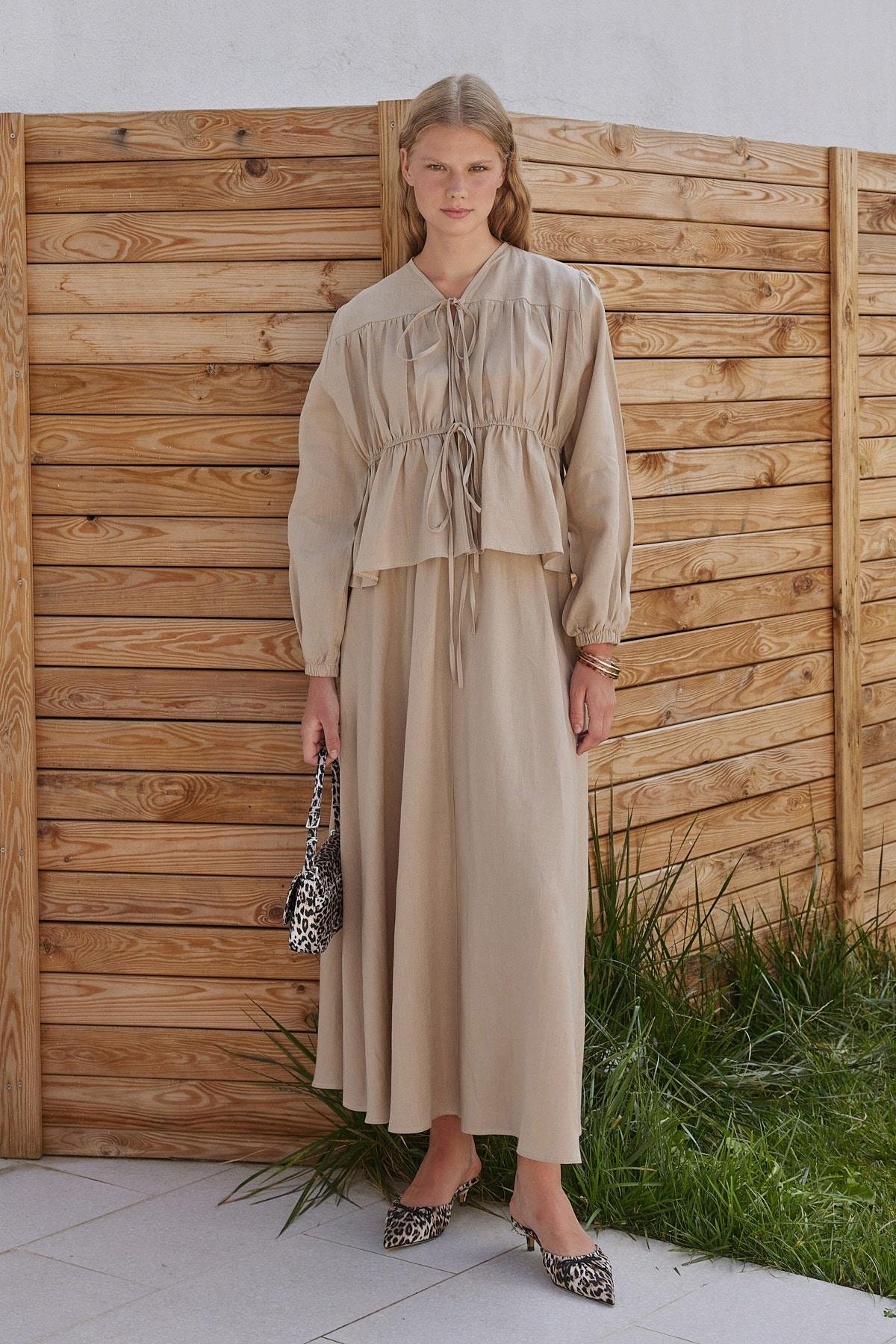 Peony Kloş Linen Etek - Vizon 