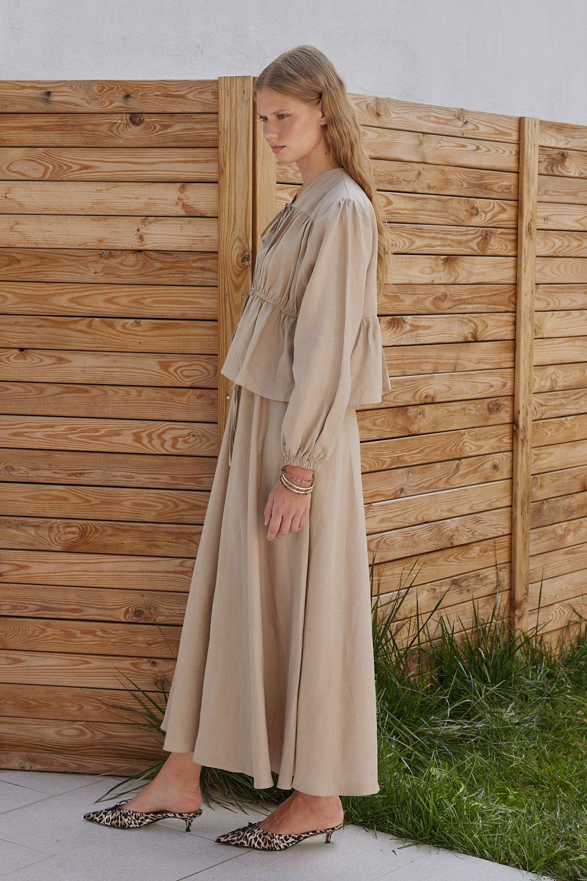 Peony Kloş Linen Etek - Vizon 