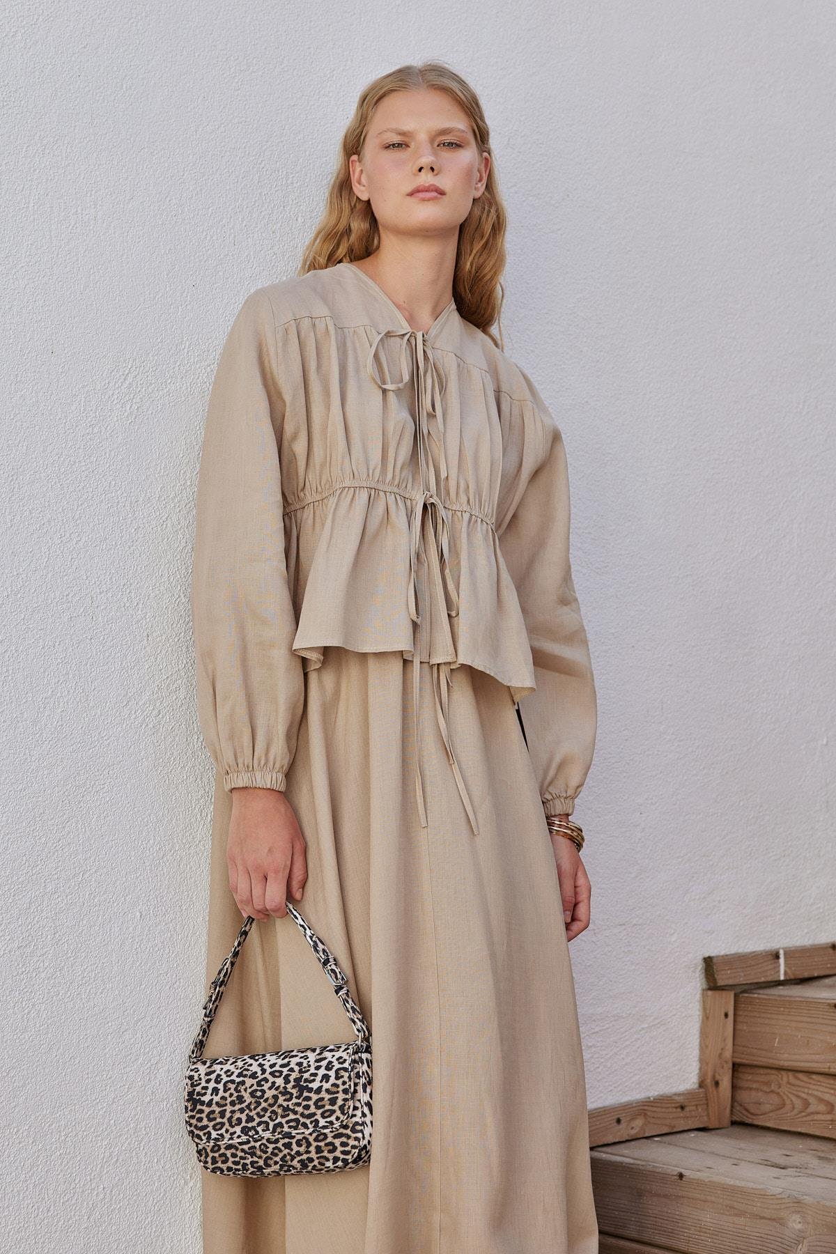 Peony Kloş Linen Etek - Vizon 