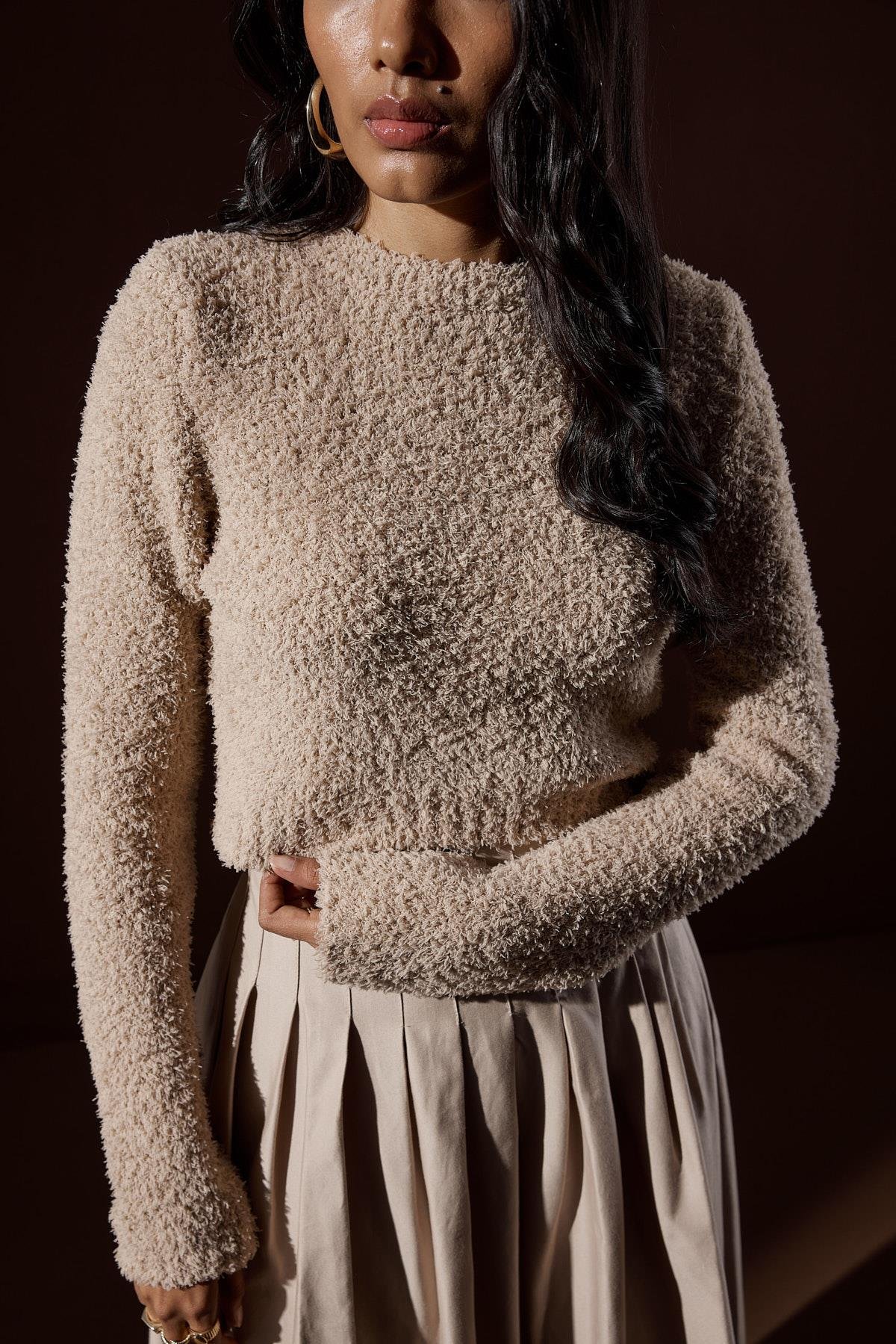 Petal Kırçıllı Crop Kazak - Vizon