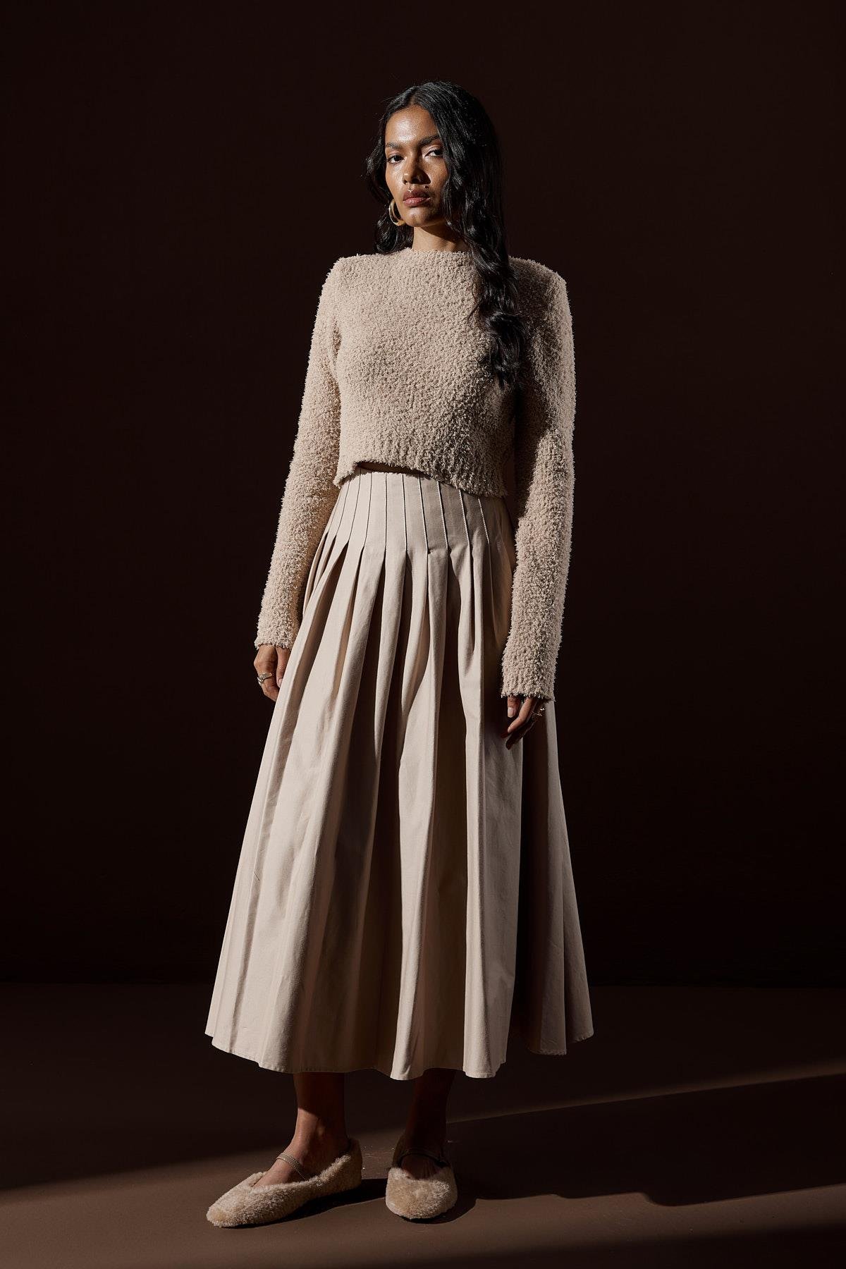 Petal Kırçıllı Crop Kazak - Vizon