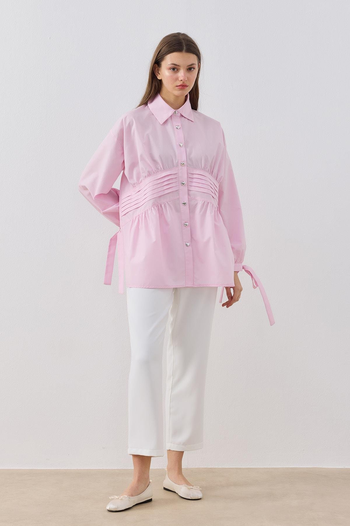 Polly Kalp Düğmeli Nervürlü Gömlek- Pembe