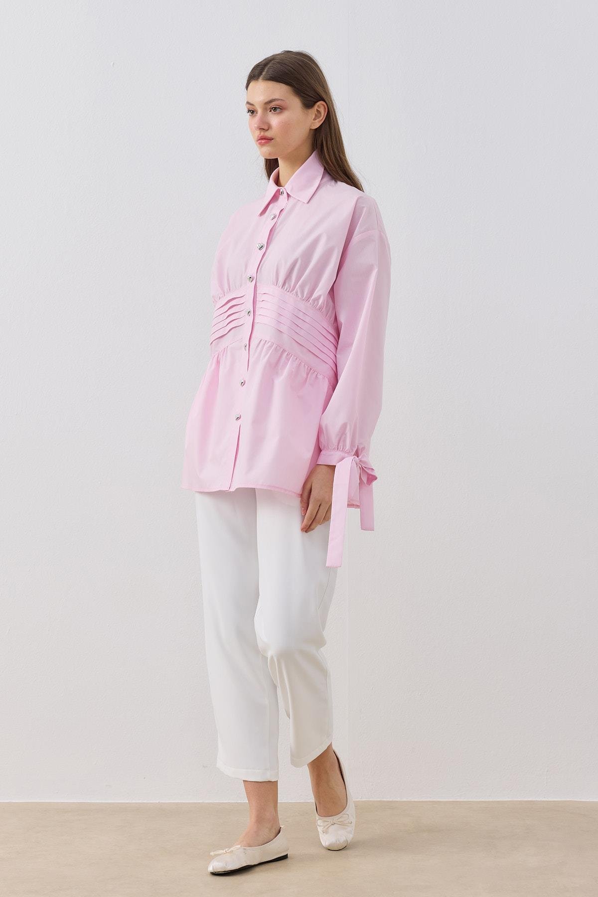 Polly Kalp Düğmeli Nervürlü Gömlek- Pembe