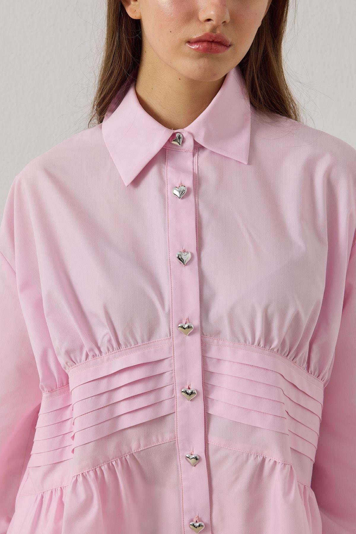 Polly Kalp Düğmeli Nervürlü Gömlek- Pembe