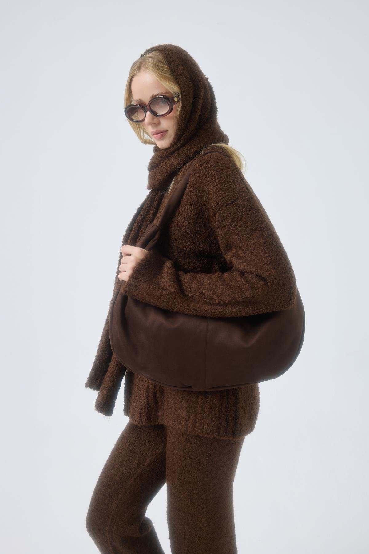 Polyane Atkılı Dokulu Triko Takım - Acı kahve