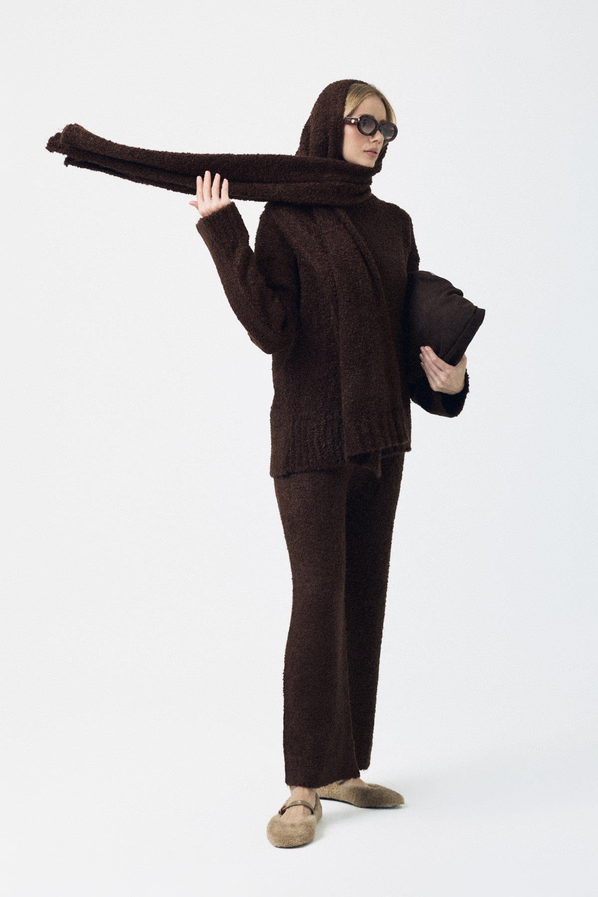 Polyane Atkılı Dokulu Triko Takım - Acı kahve