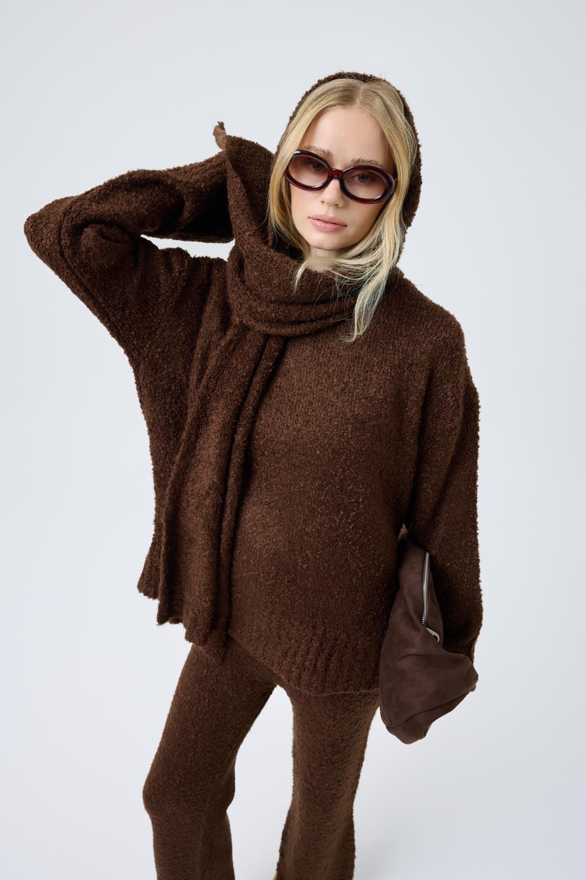 Polyane Atkılı Dokulu Triko Takım - Acı kahve