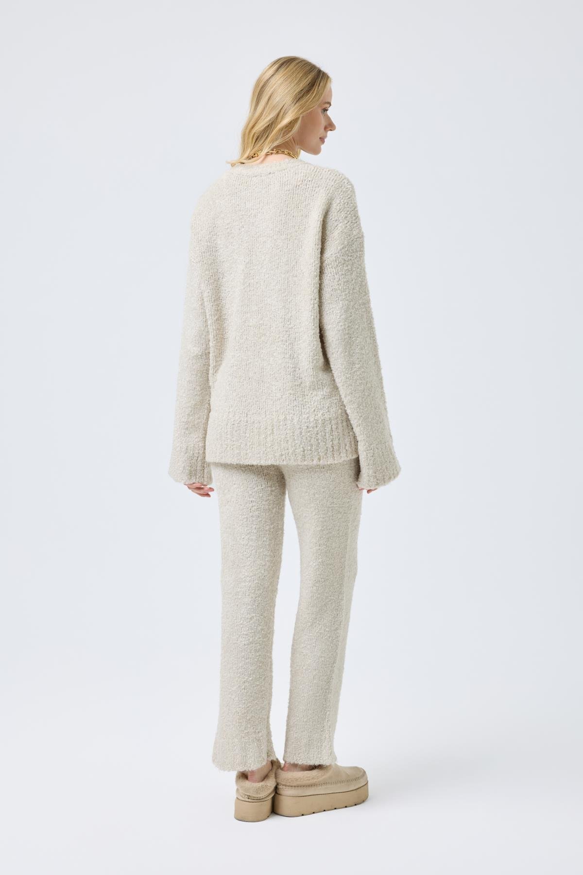 Polyane Atkılı Dokulu Triko Takım - Bej 