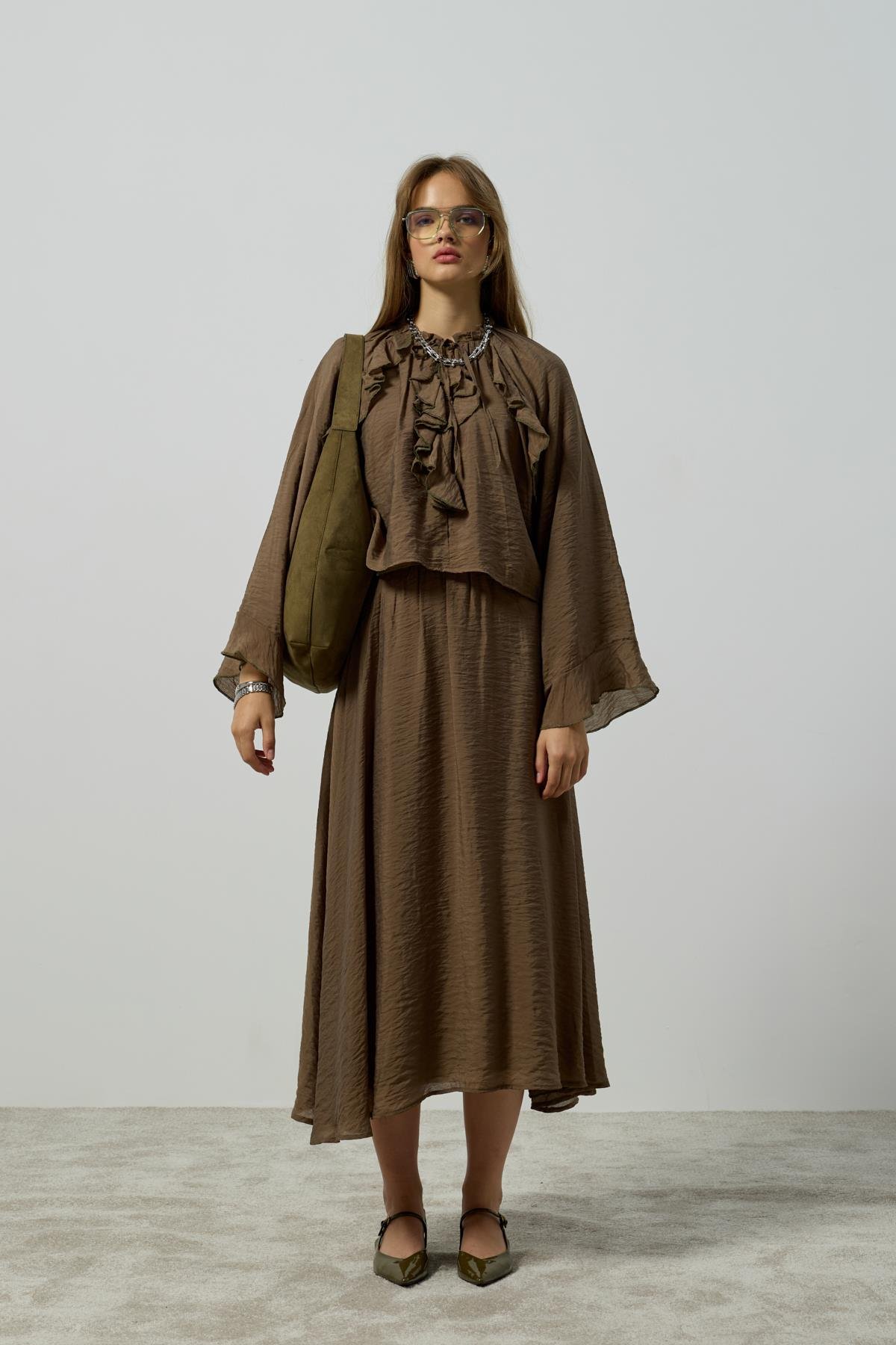 Poppy Büzgülü Volanlı Takım - Haki