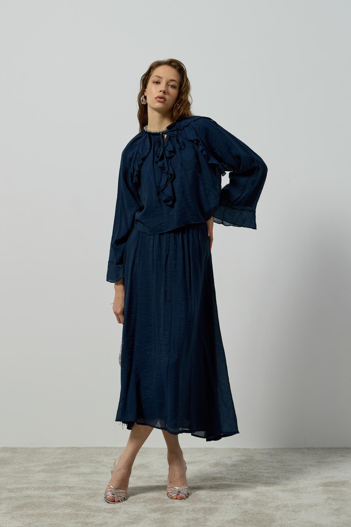 Poppy Büzgülü Volanlı Takım - Lacivert