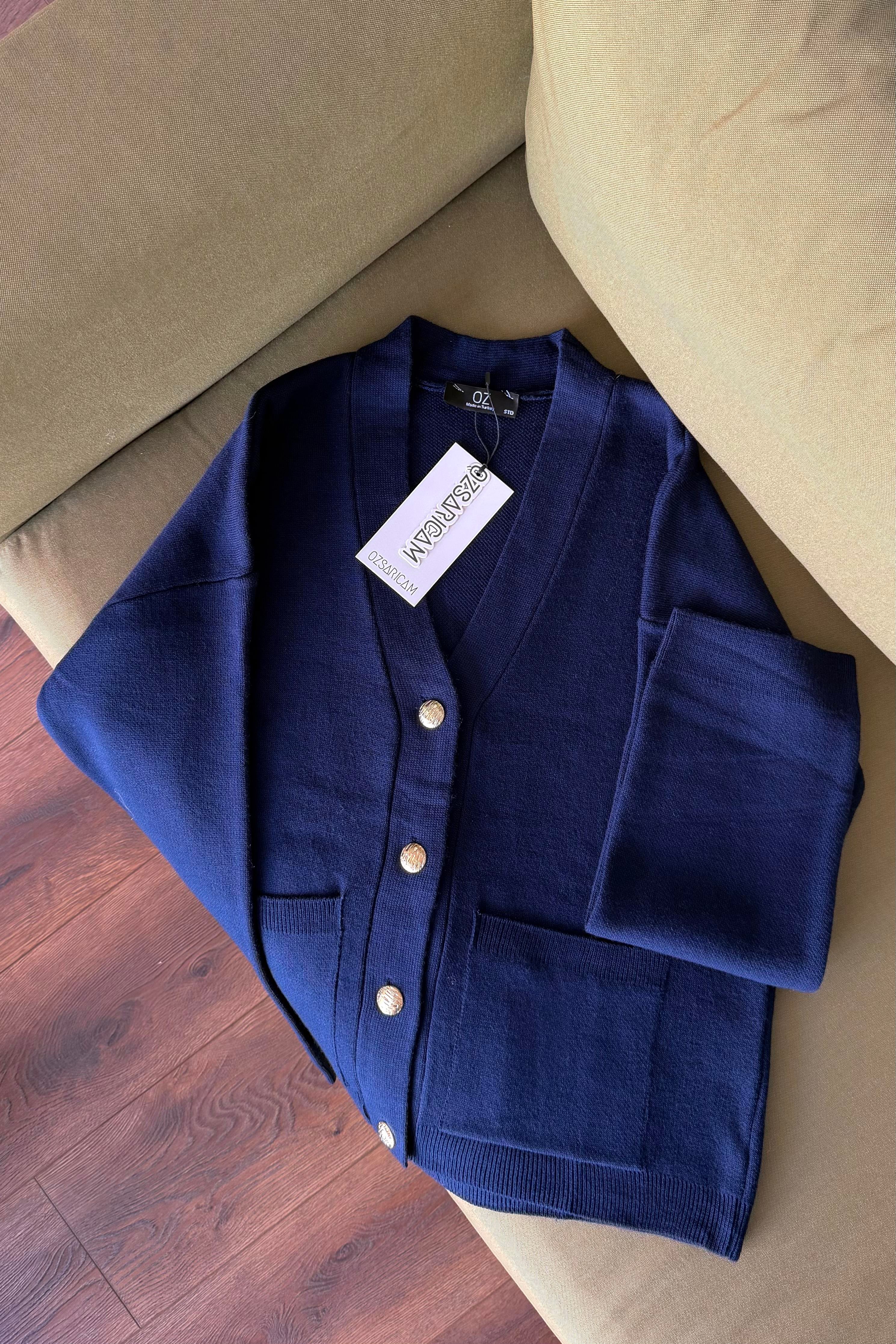 Portia Gold Düğmeli Cepli Hırka - Lacivert