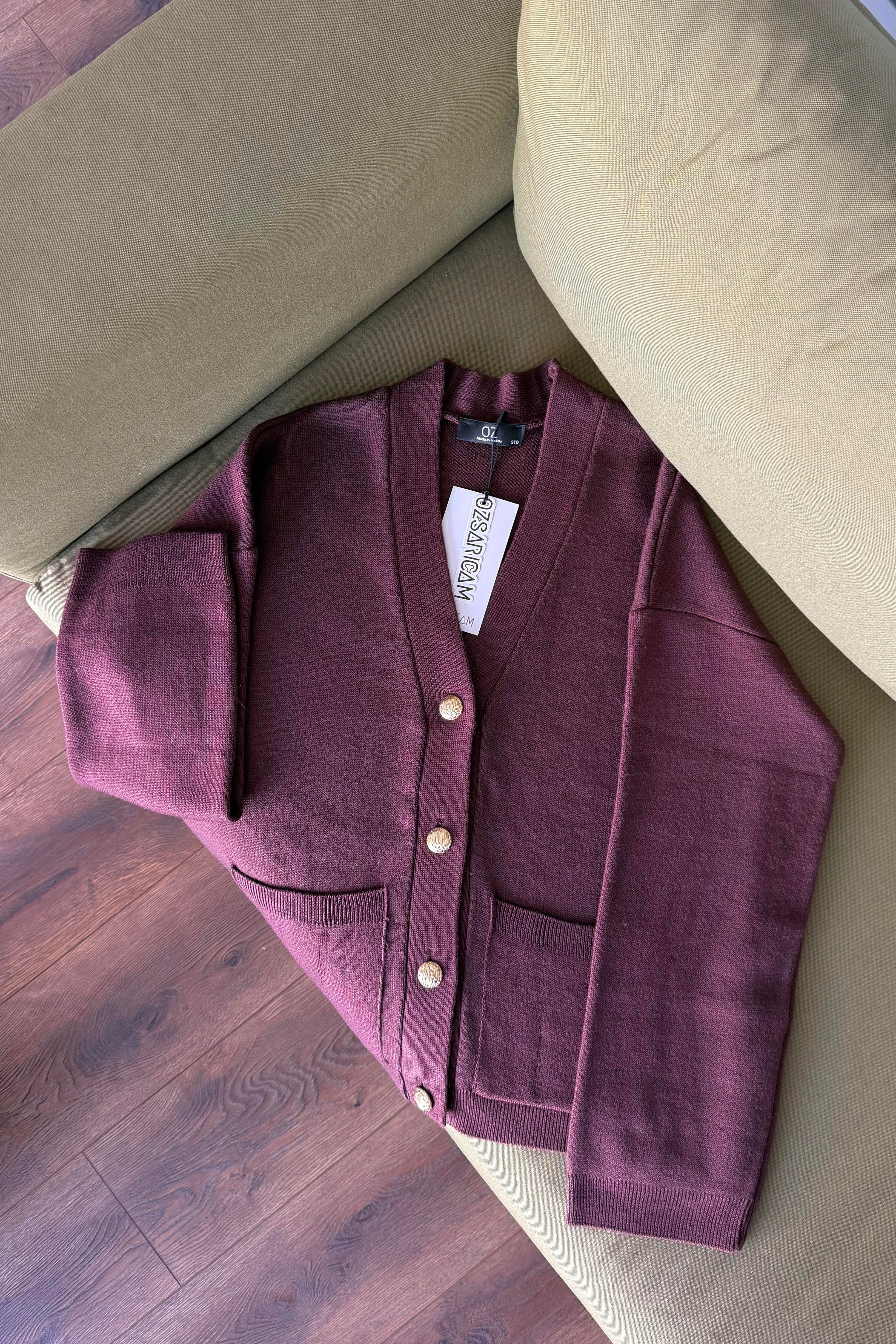 Portia Gold Düğmeli Cepli Hırka - Mürdüm 