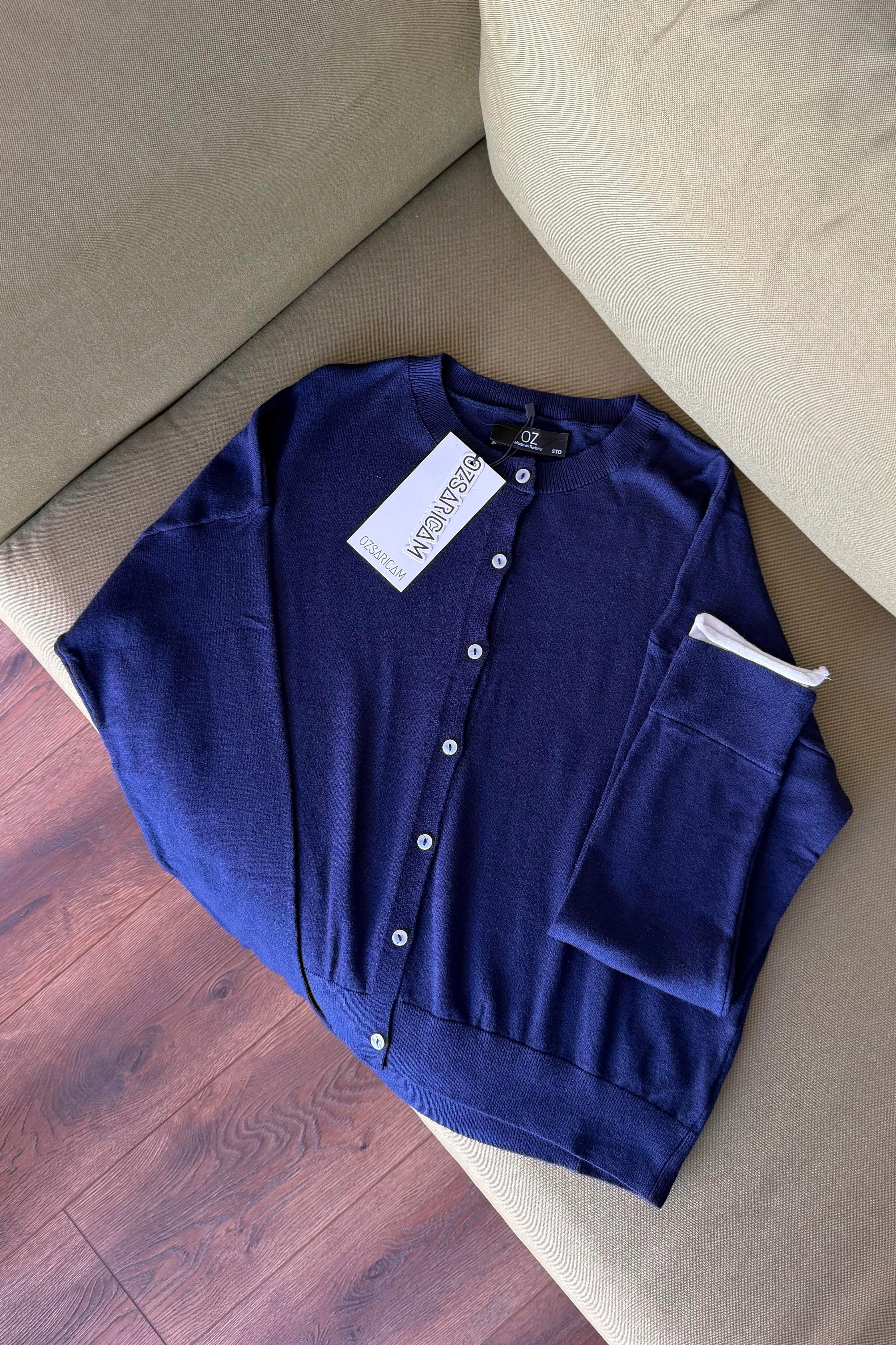 Raven Çift Manşetli Sedef Düğmeli Hırka - Lacivert