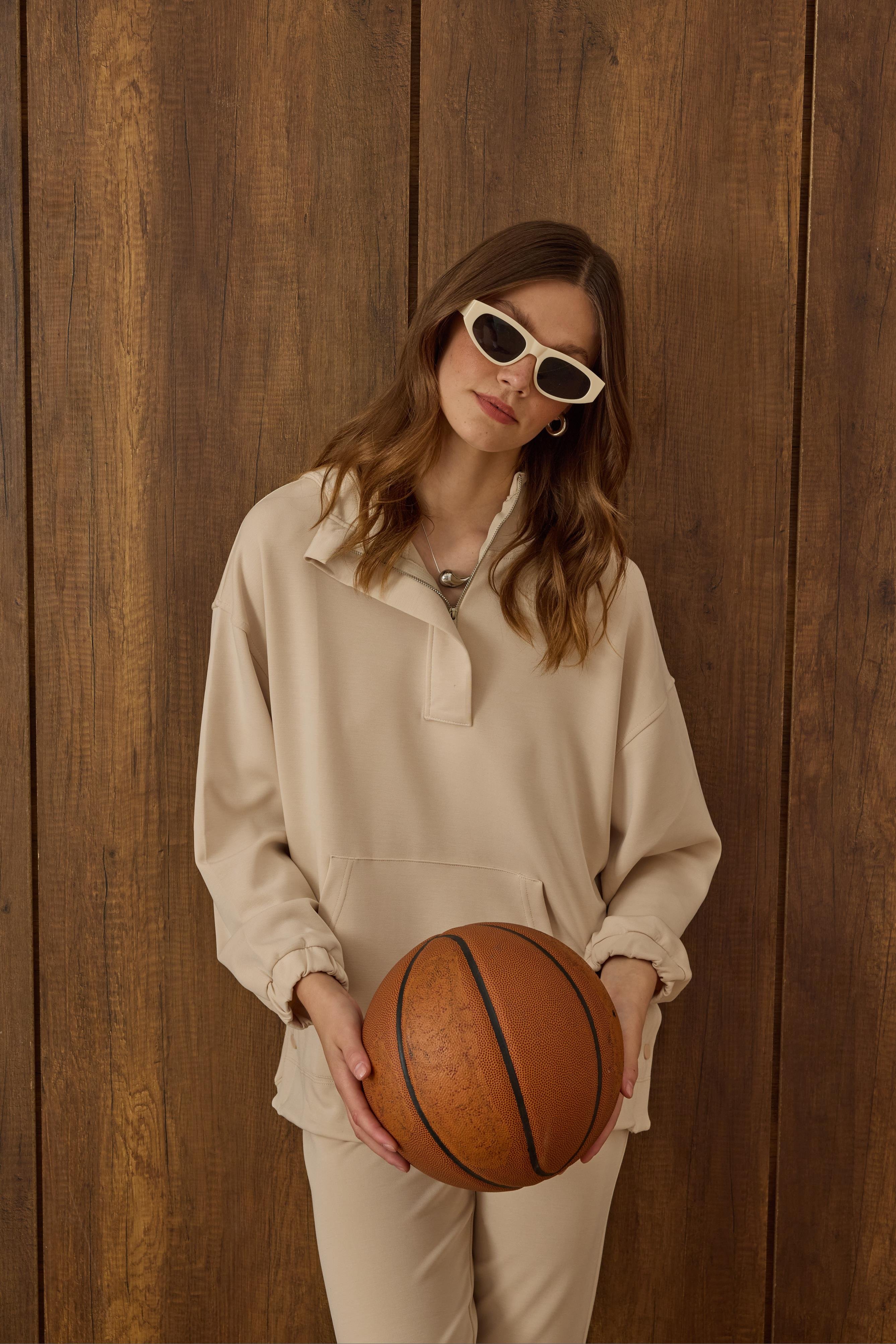 Reneta Çıtçıtlı Kapüşonlu Modal Takım - Bej