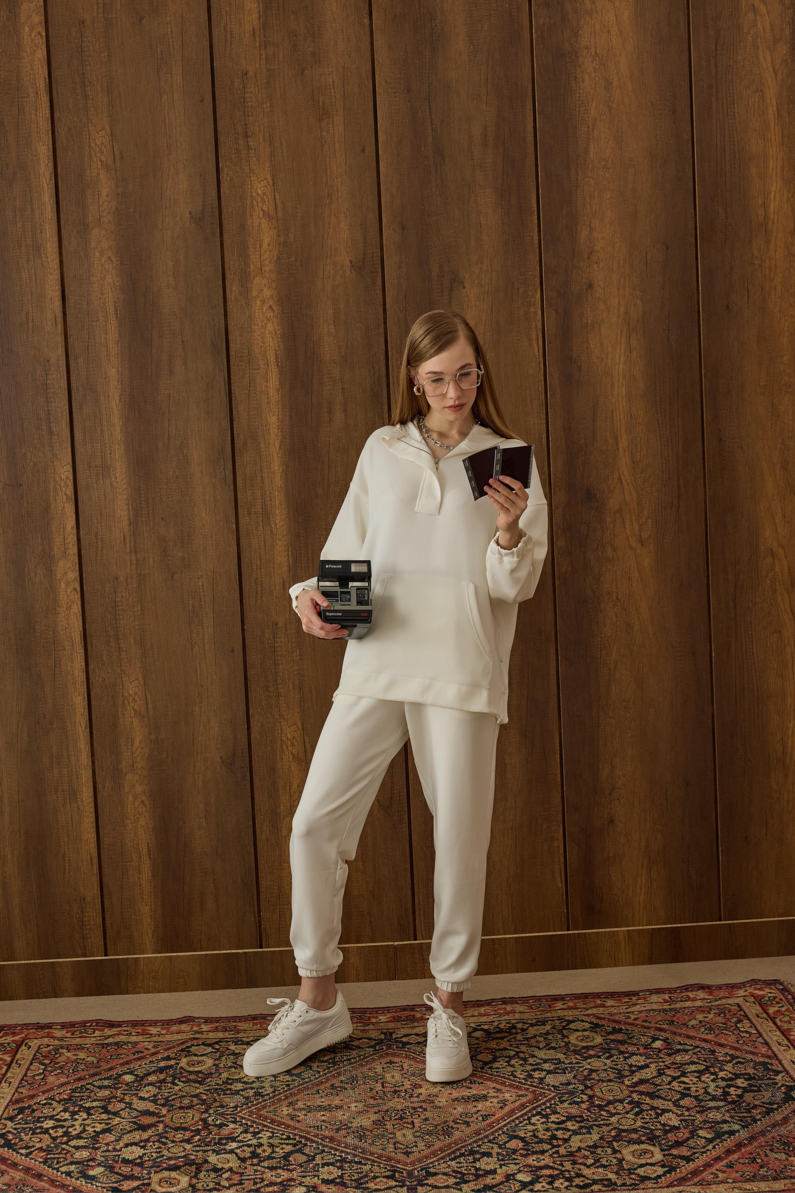 Reneta Çıtçıtlı Kapüşonlu Modal Takım - Ekru