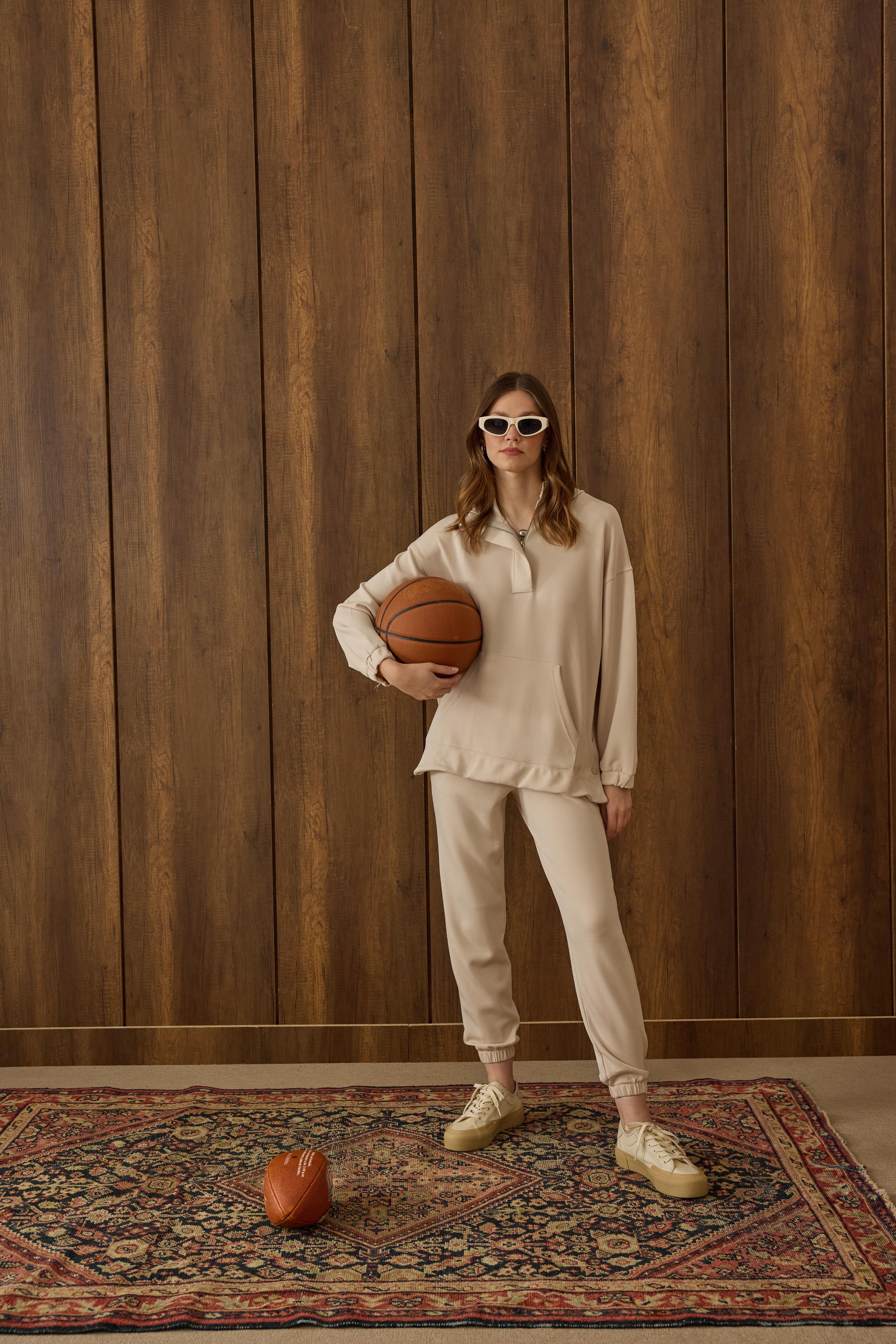 Reneta Çıtçıtlı Kapüşonlu Modal Takım - Bej