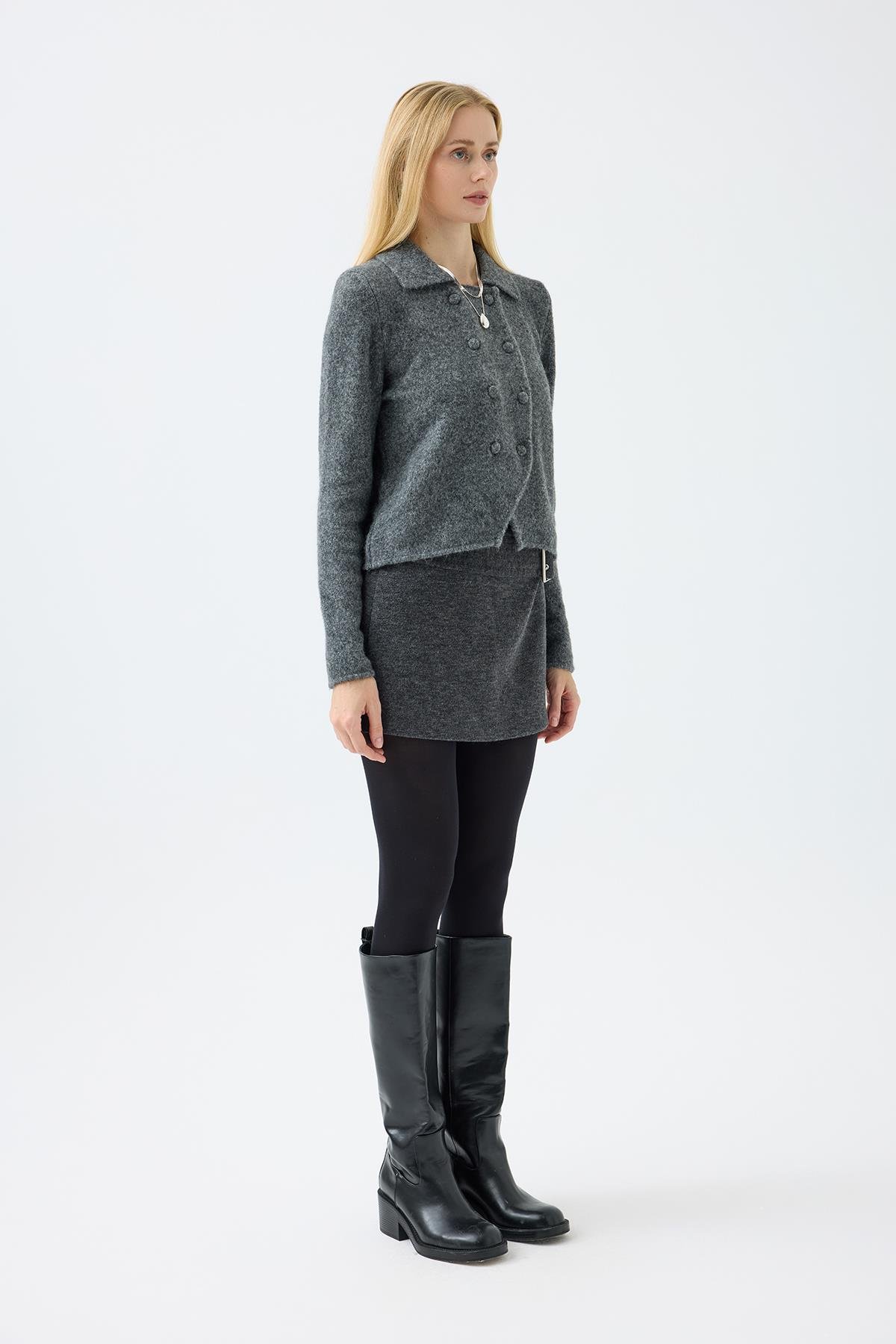 Rita Çift Kapamalı Triko Ceket - Antrasit 