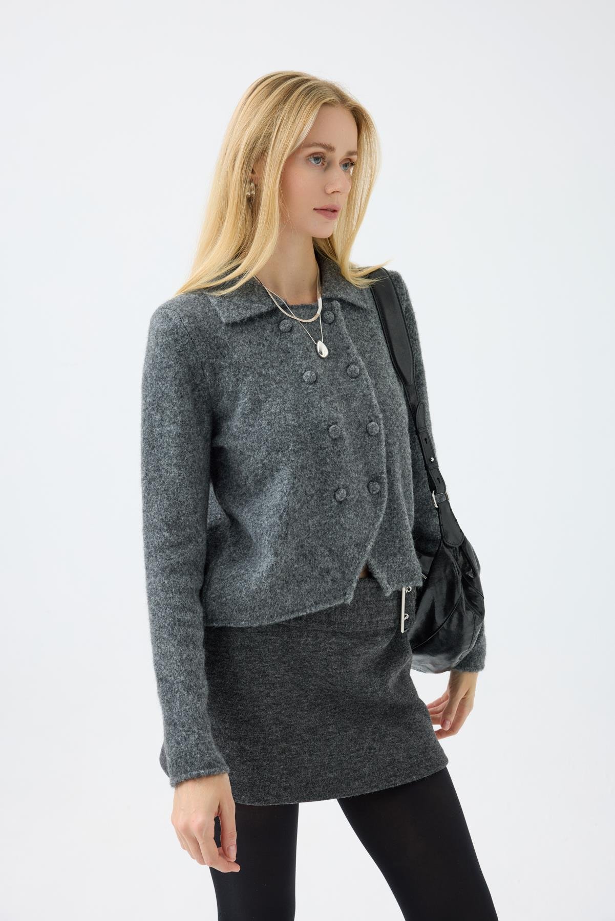 Rita Çift Kapamalı Triko Ceket - Antrasit 