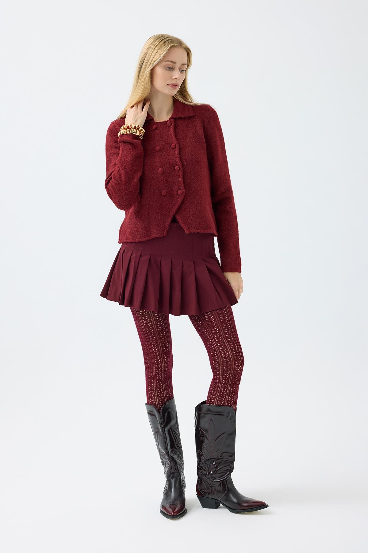 Rita Çift Kapamalı Triko Ceket - Bordo 