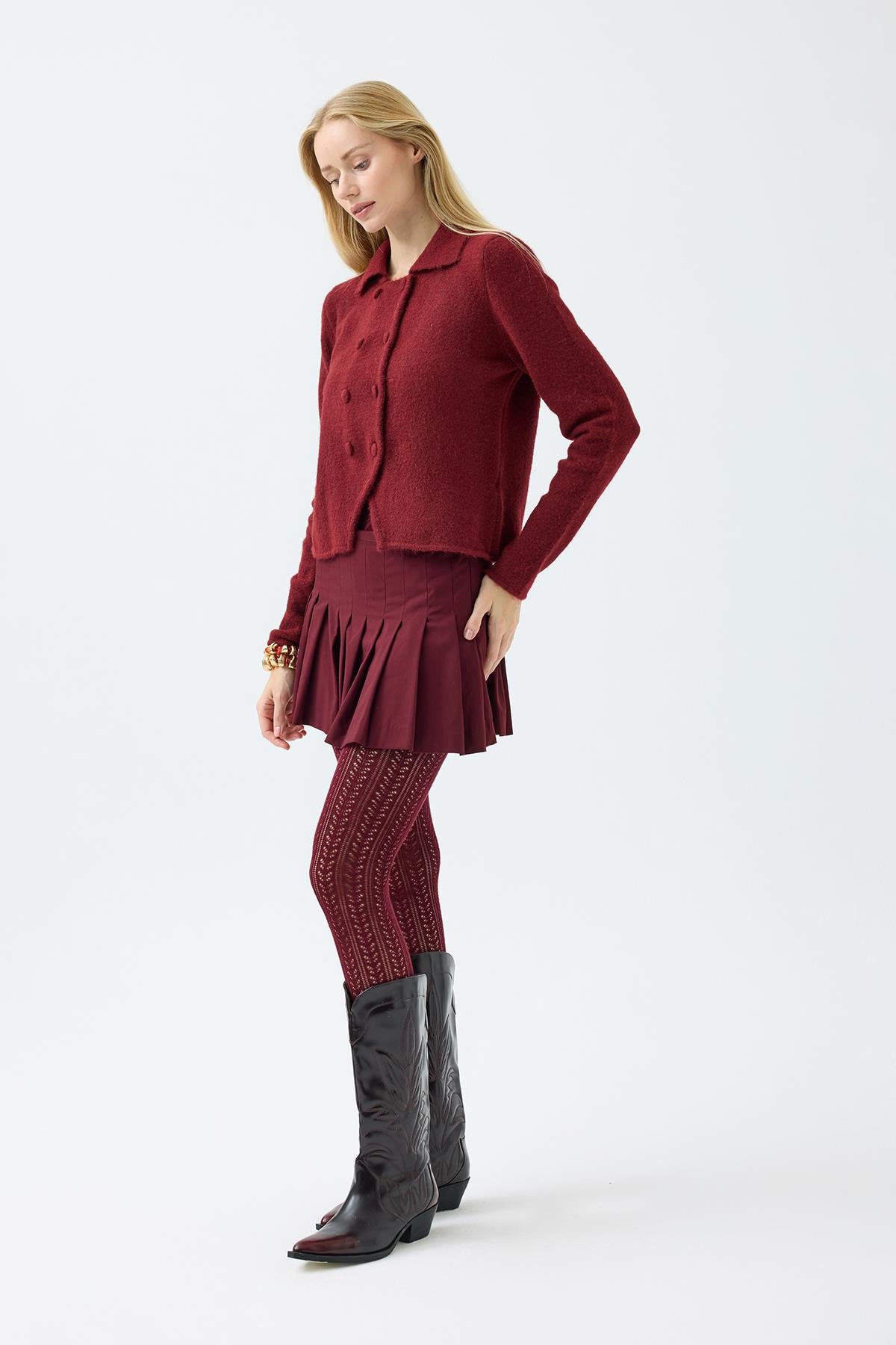 Rita Çift Kapamalı Triko Ceket - Bordo 