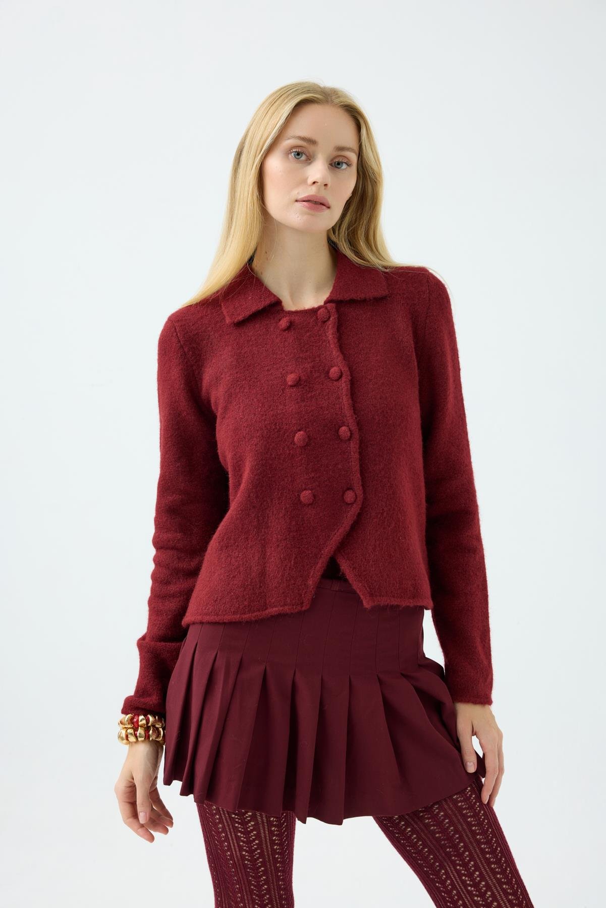 Rita Çift Kapamalı Triko Ceket - Bordo 