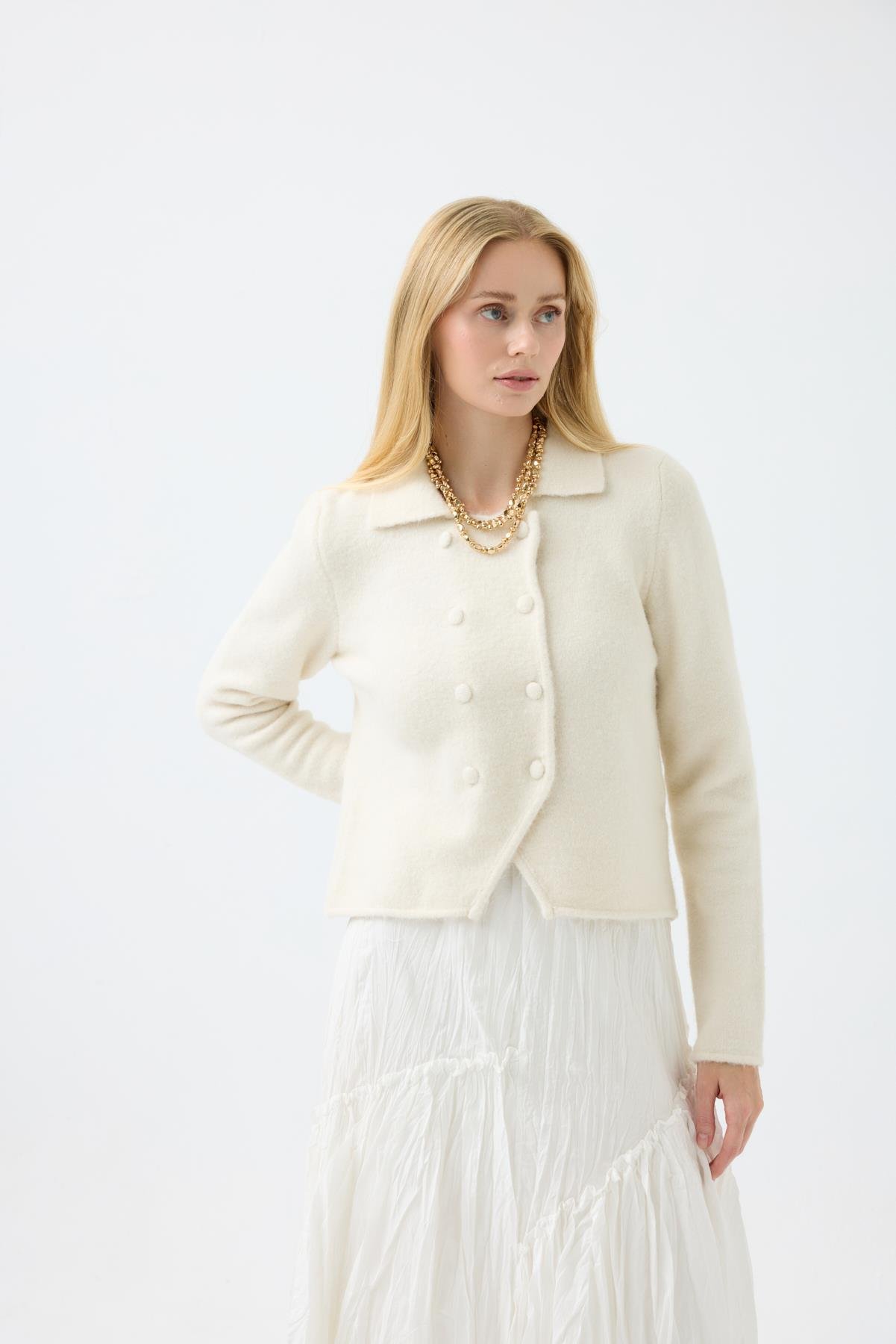 Rita Çift Kapamalı Triko Ceket - Ekru 