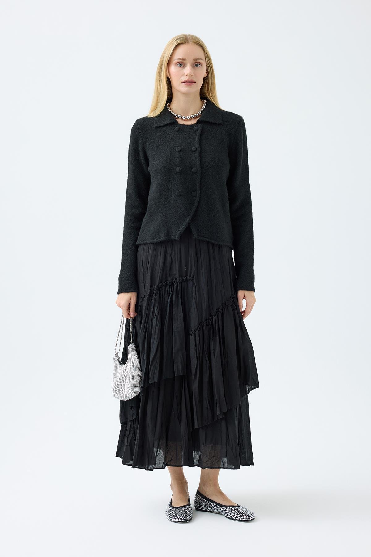 Rita Çift Kapamalı Triko Ceket - Siyah 