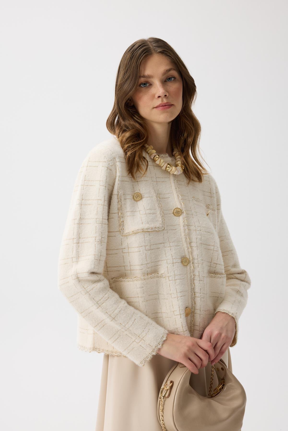 Rivera Gold Geçişli Angora Hırka - Krem 