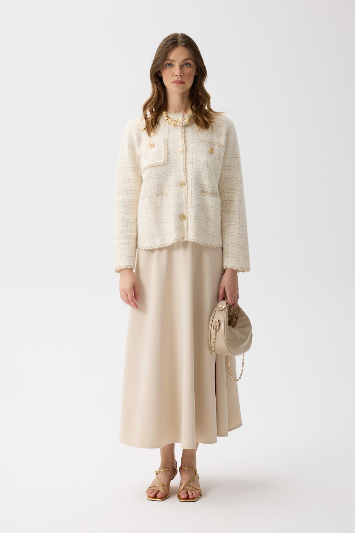 Rivera Gold Geçişli Angora Hırka - Krem 