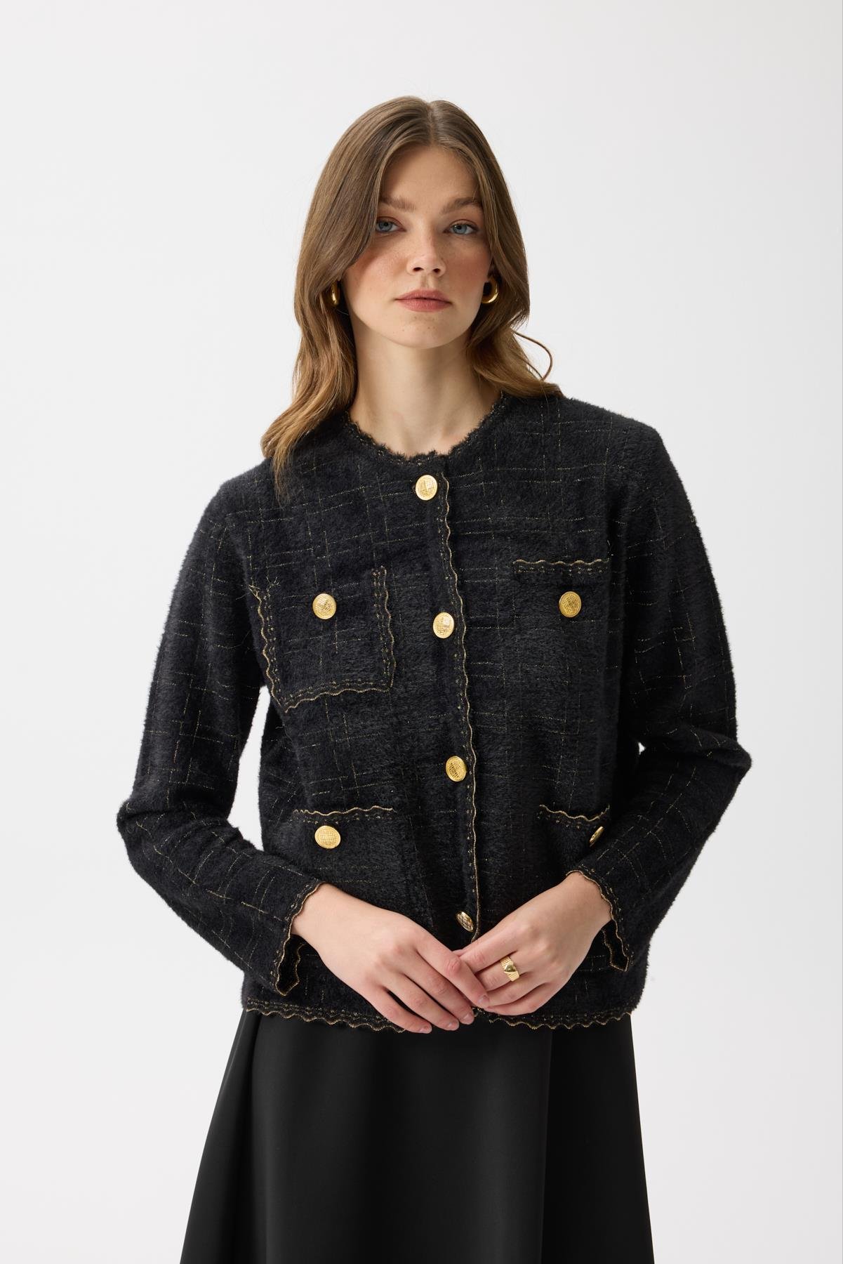 Rivera Gold Geçişli Angora Hırka - Siyah