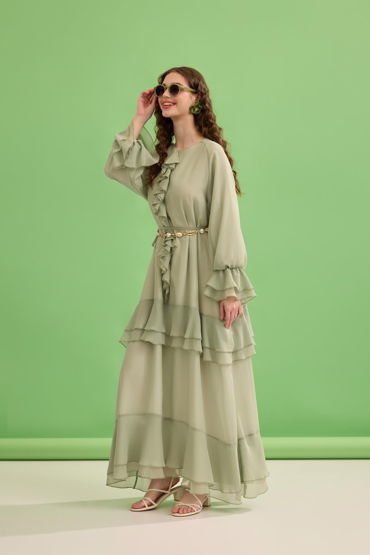 Romance Volanlı Şifon Elbise - Mint yeşil 