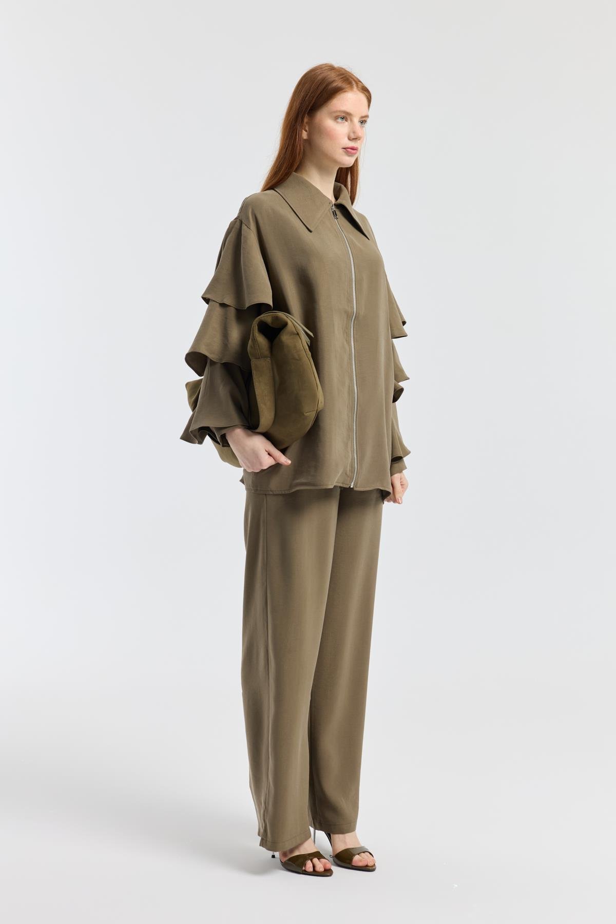 Rosalie Modal Fırfırlı Kemerli Takım - Haki